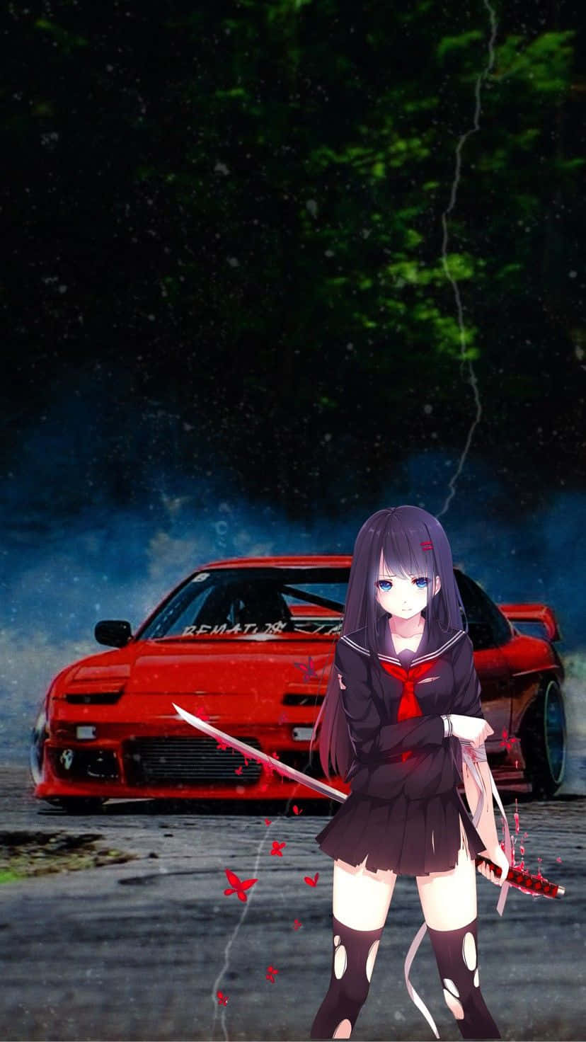 anime girl, red dress, red sports car, HD Phone Wallpaper