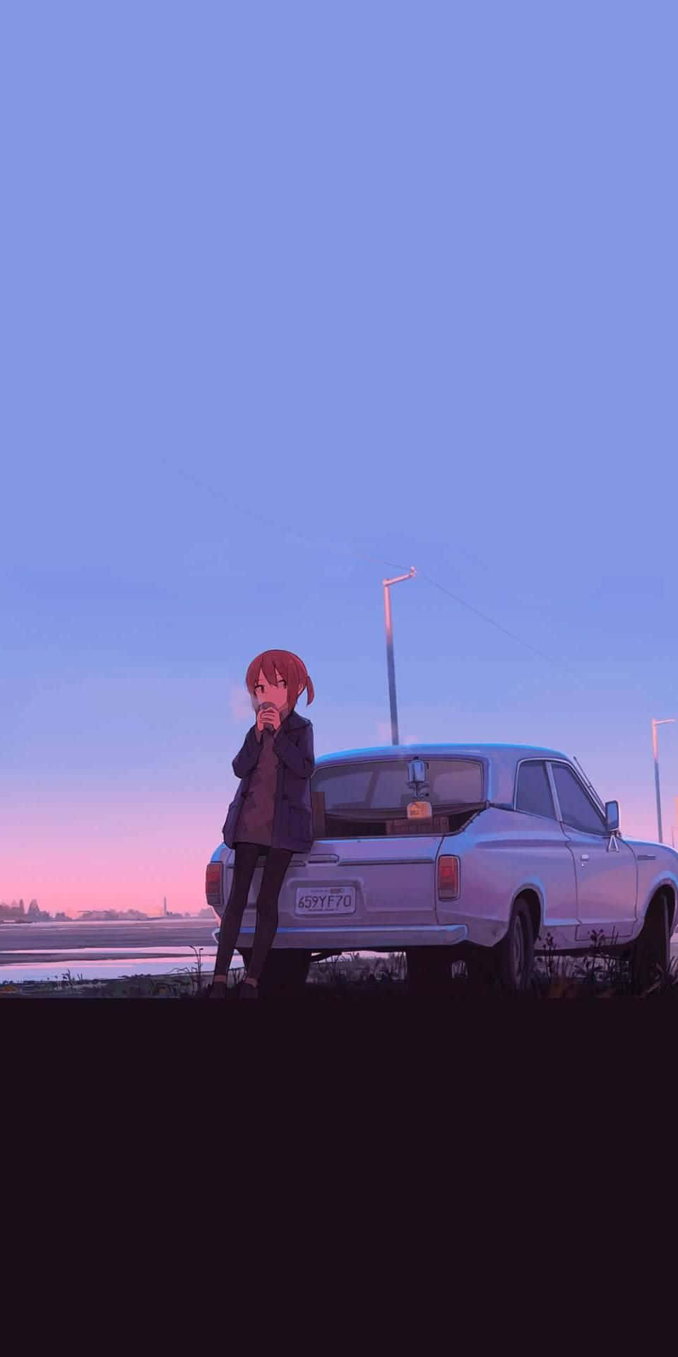 Anime Drift, red-haired anime girl, silver vintage car, Full HD Phone Wallpaper