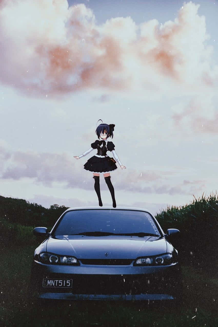 Anime Drift, black dress, silver car, SD Phone Wallpaper