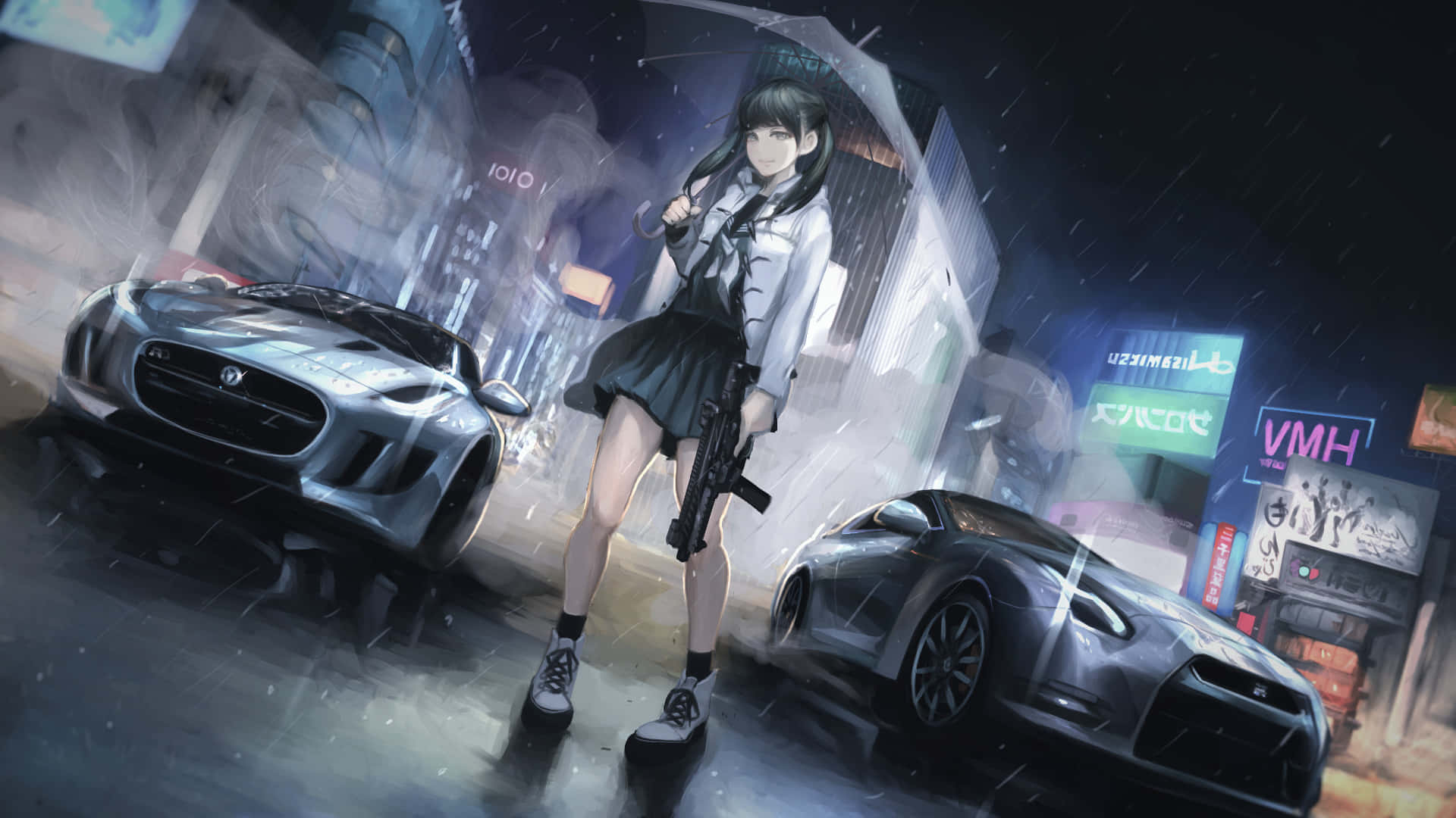 Anime Drift, young anime girl, umbrella, Full HD Desktop Wallpaper