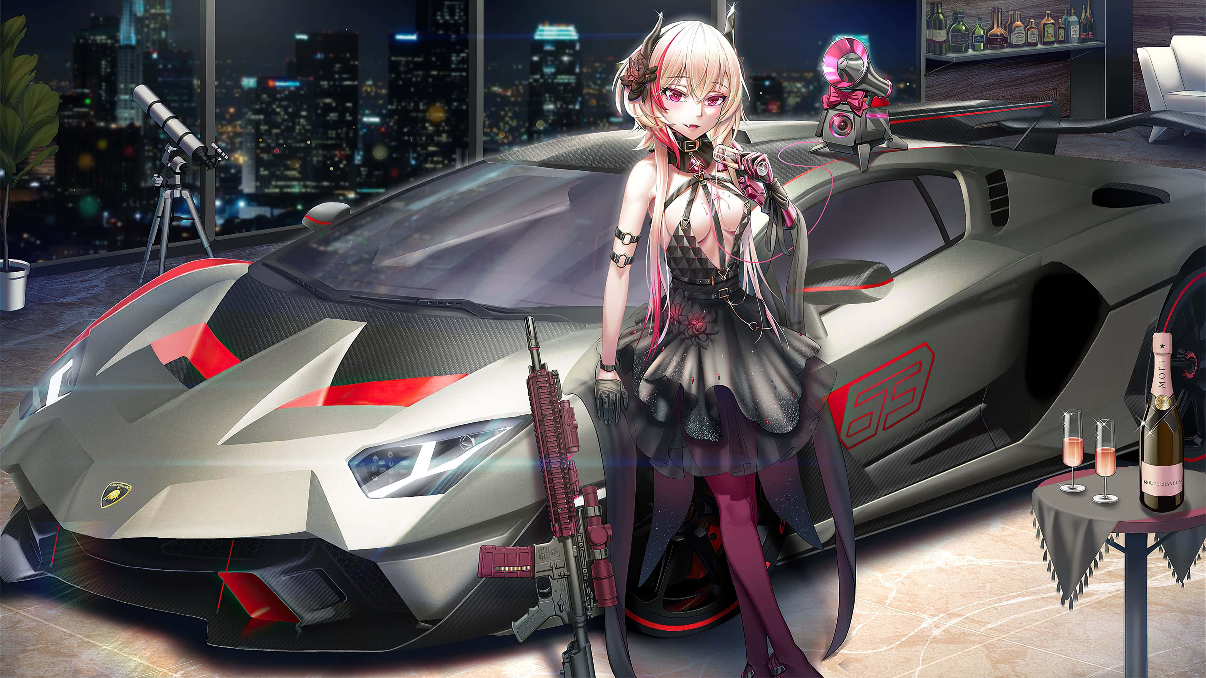 pink-haired anime girl, gothic dress, silver Lamborghini, 4K Desktop Wallpaper