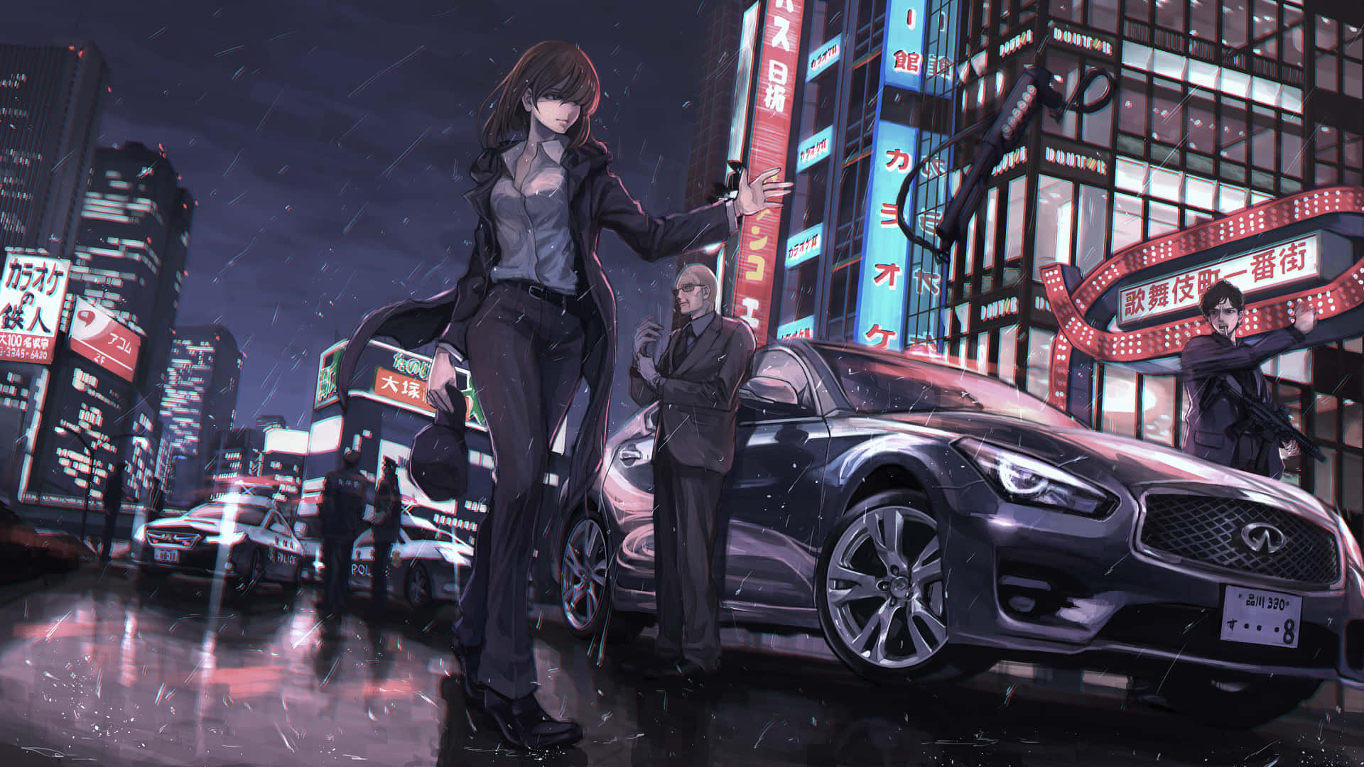 Anime Drift, black coat, sleek black sports car, Full HD Desktop Wallpaper