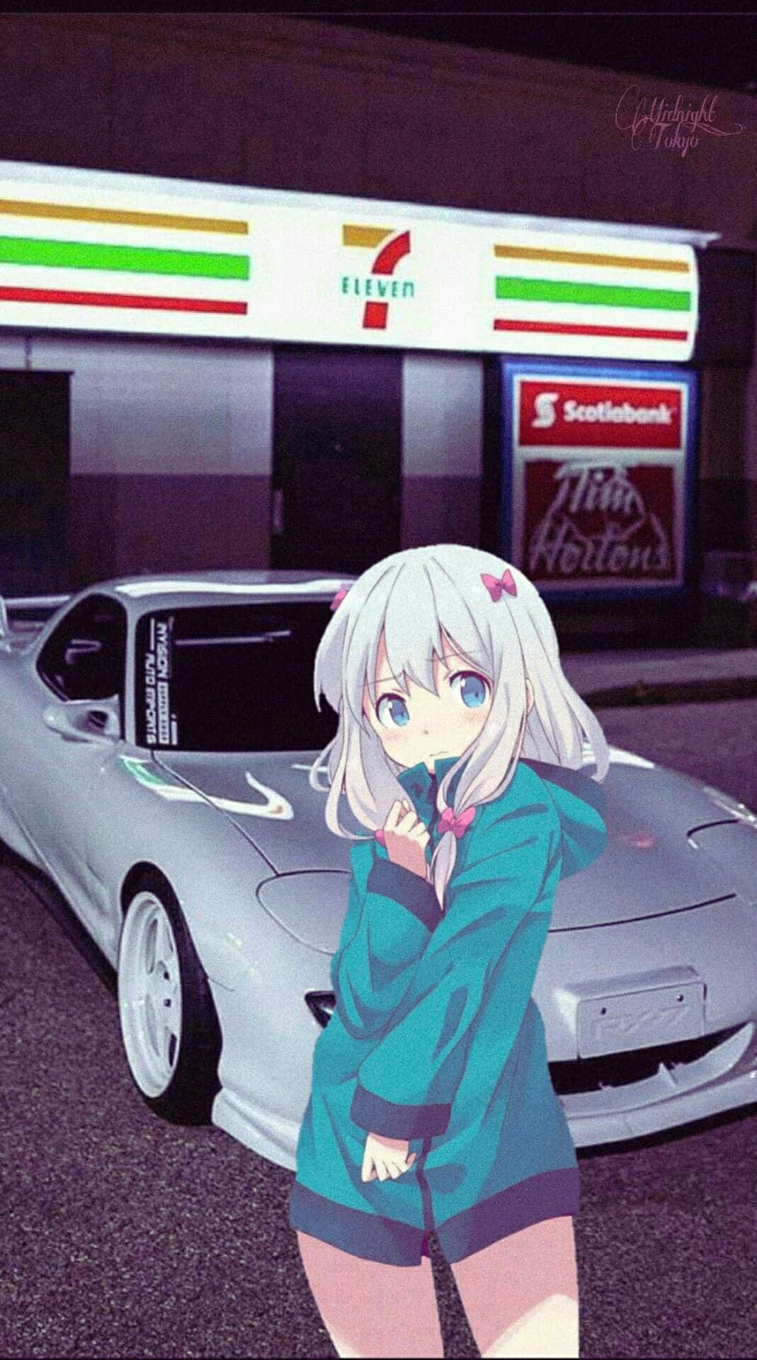 Anime Drift, silver sports car, 7 Eleven store, Full HD Phone Wallpaper