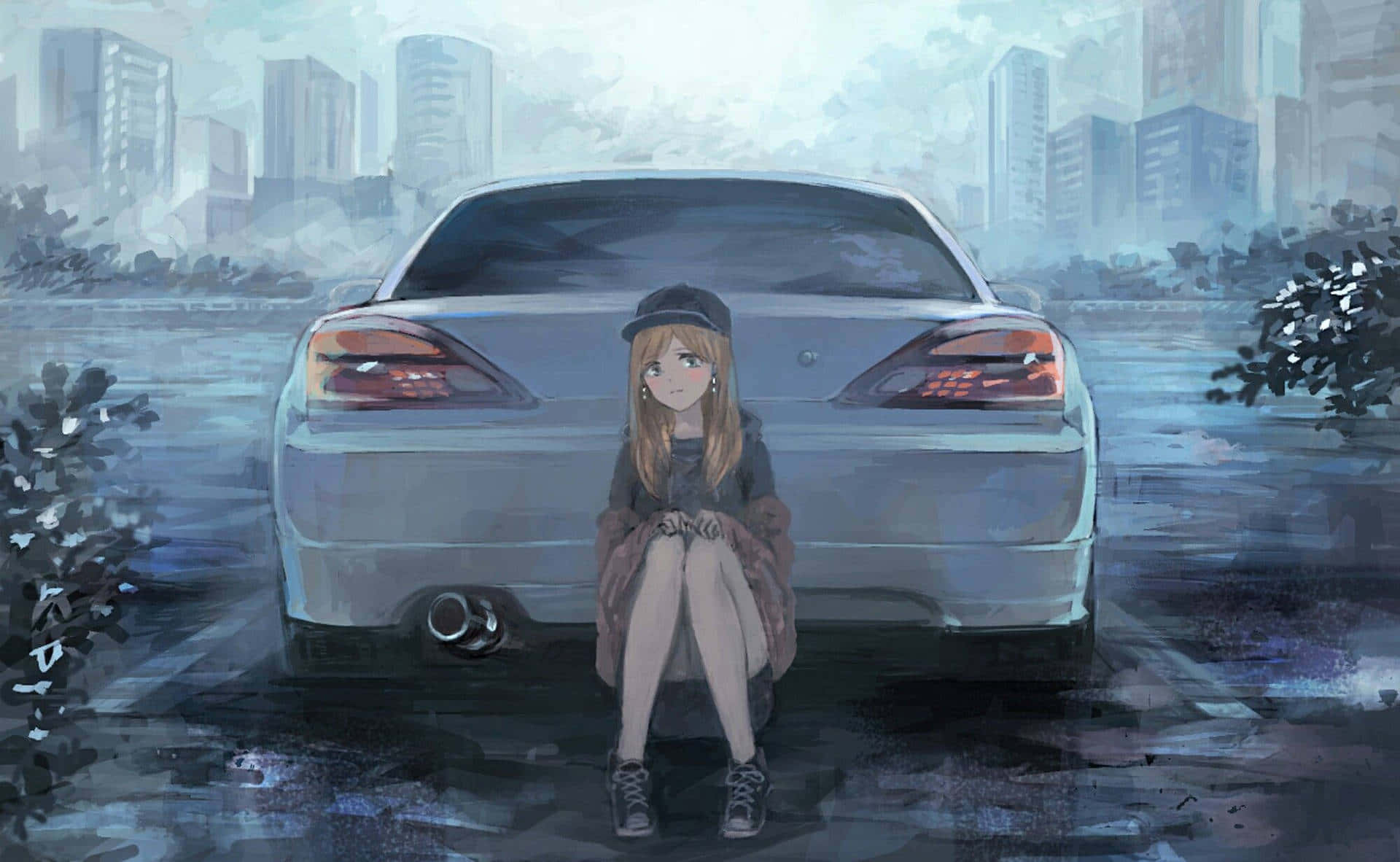 Anime Drift, anime girl, silver car, Full HD Desktop Wallpaper