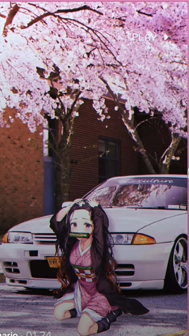 Anime girl, pink kimono, white sports car, HD Phone Wallpaper