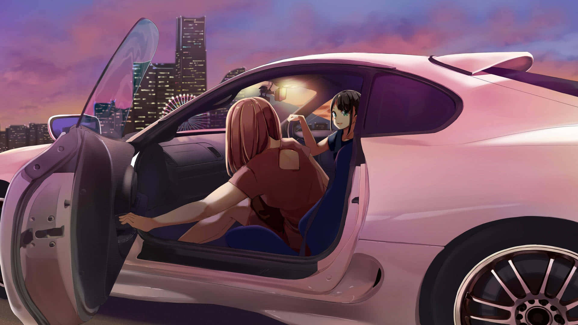 Anime Drift, pink sports car, glowing city skyline, Full HD Desktop Wallpaper