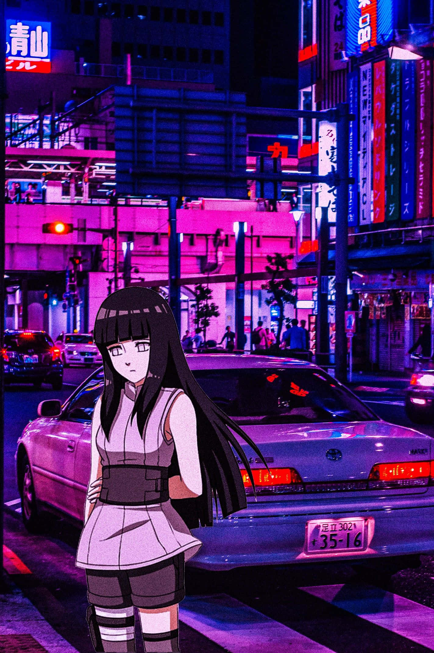 Anime girl, neon-drenched Tokyo street, night, Full HD Phone Wallpaper