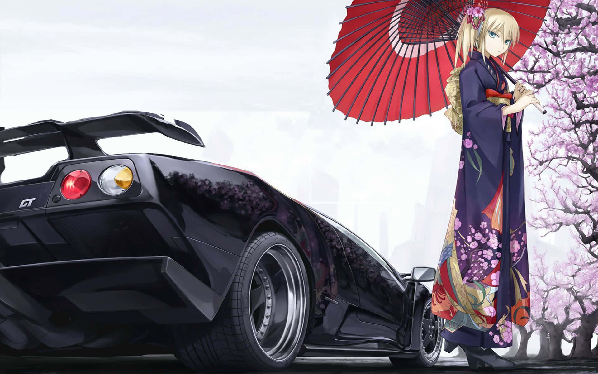 blonde anime girl, floral kimono, red umbrella, Full HD Desktop Wallpaper