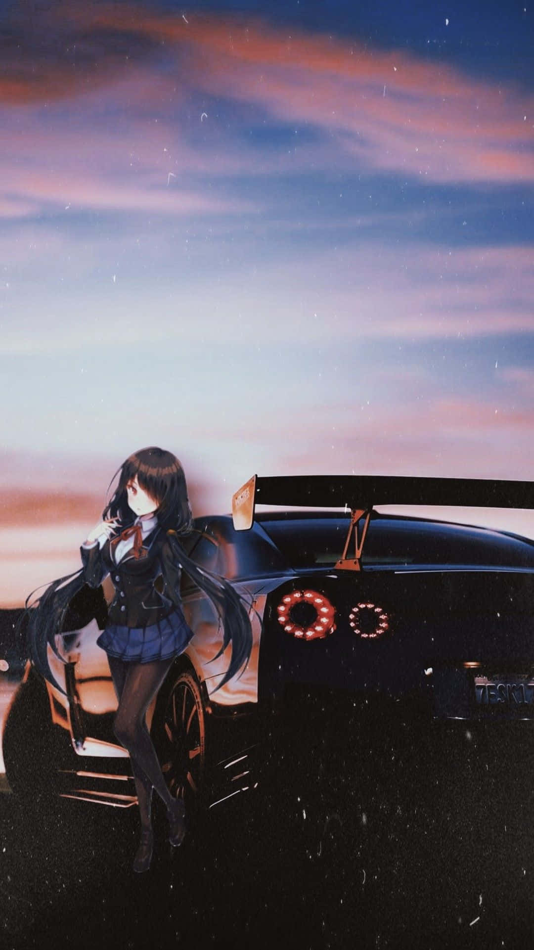 anime girl, school uniform, sleek black sports car, Full HD Phone Wallpaper
