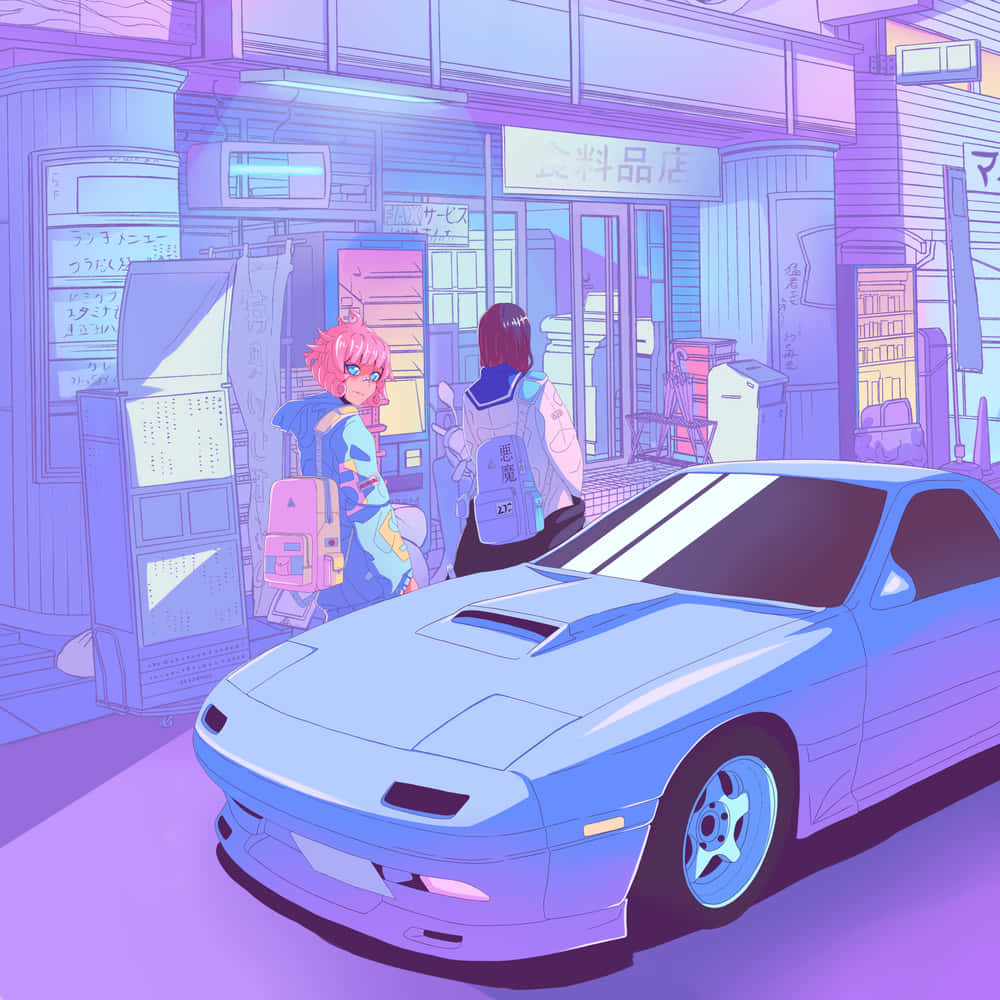 Anime Drift, blue sports car, neon-lit Japanese street, SD Desktop Wallpaper