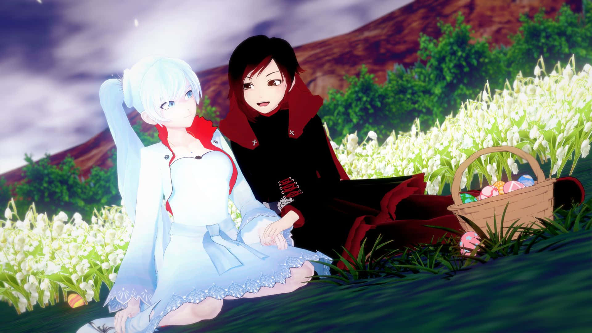 Anime Easter, garden scene, white flowers, Full HD Desktop Wallpaper