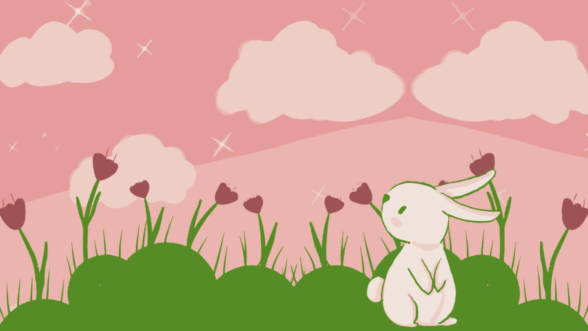 Anime Easter Bunny Scene, white bunny, green grass, Full HD Desktop Wallpaper