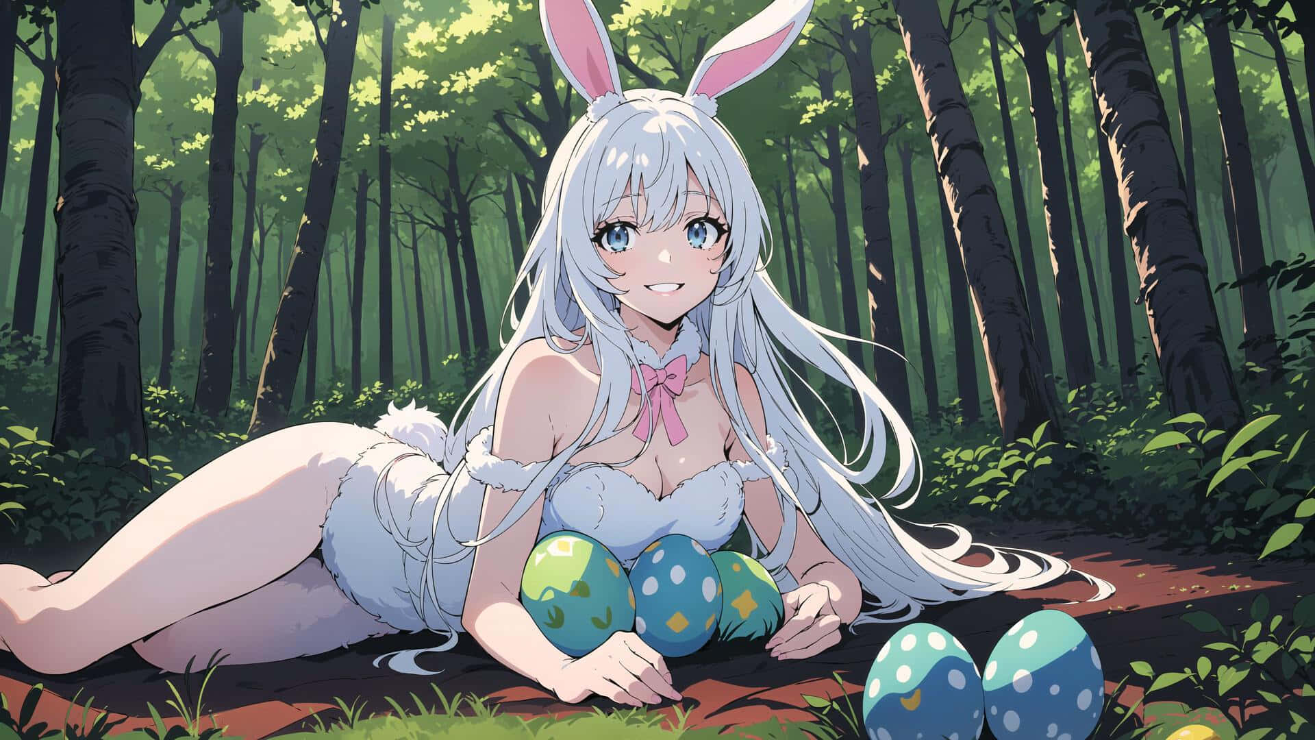 Anime Bunny Girl, silver hair, pink ears, Full HD Desktop Wallpaper