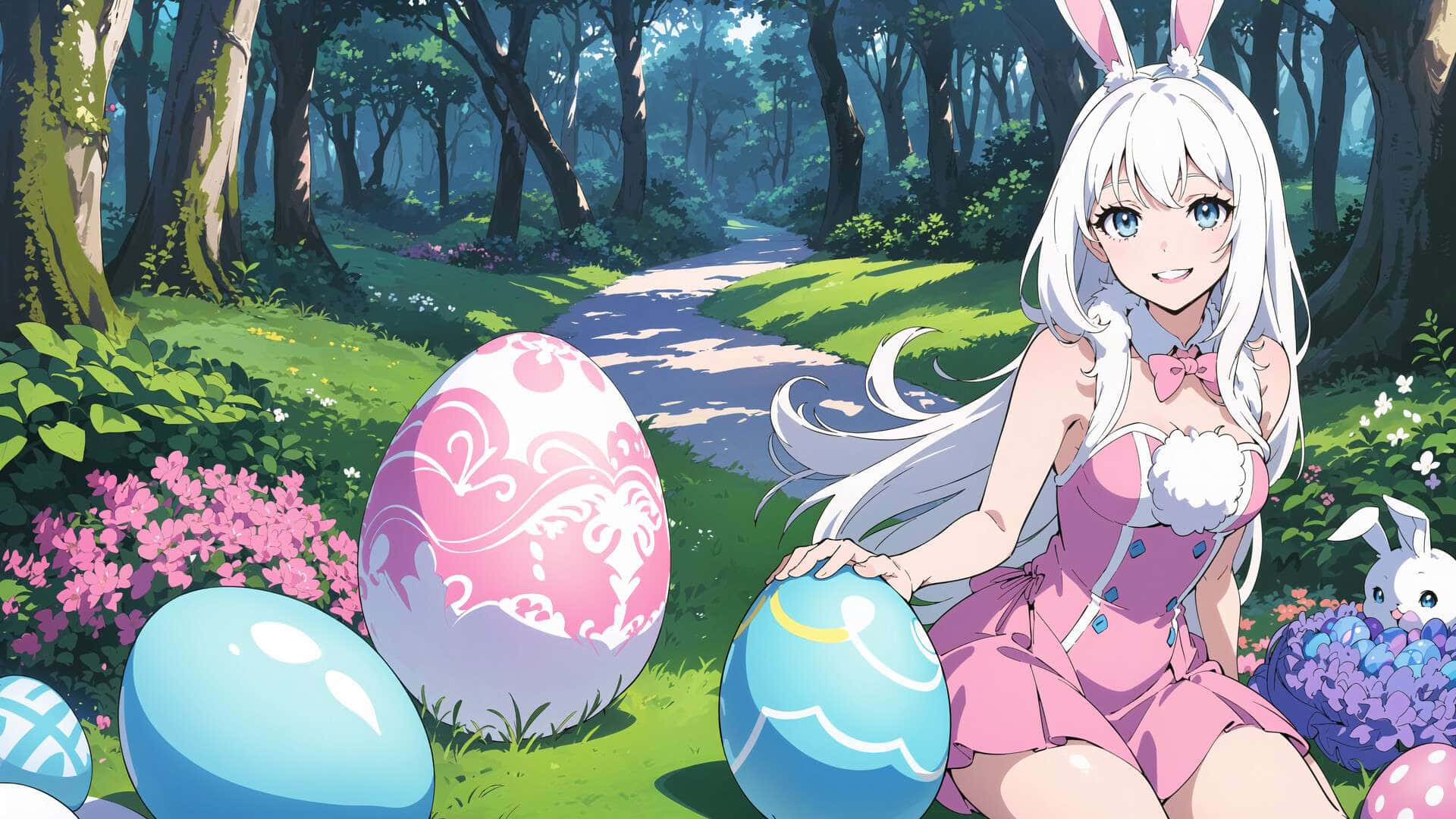 Anime Bunny Girl, pink bunny costume, sunlit forest, Full HD Desktop Wallpaper