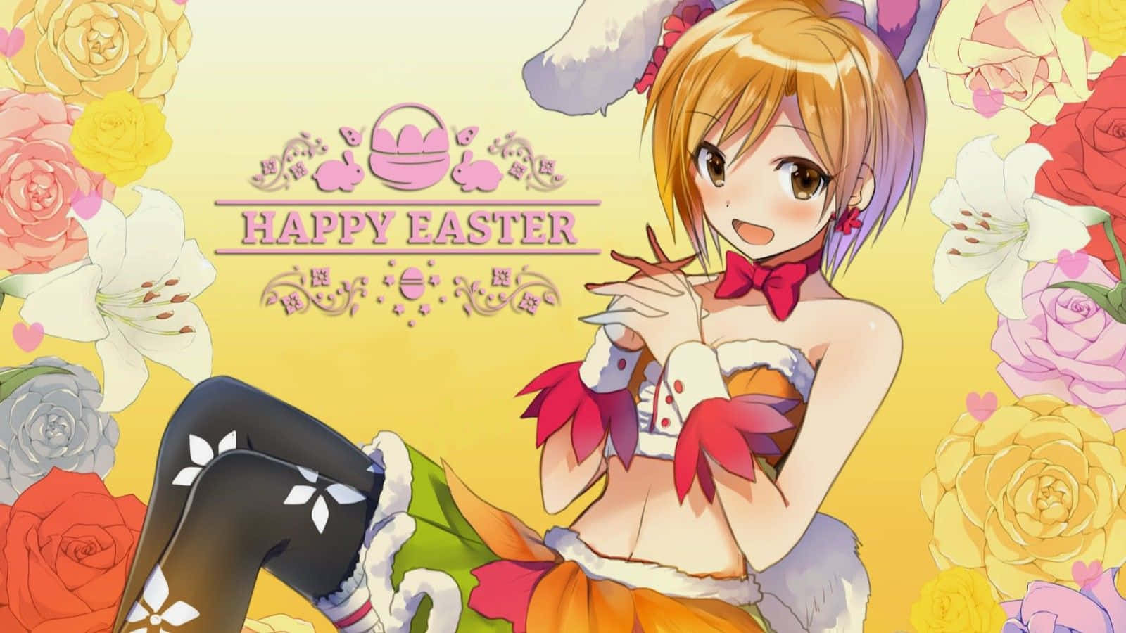 Anime Easter Bunny Girl, bunny ears, red bow, HD Desktop Wallpaper