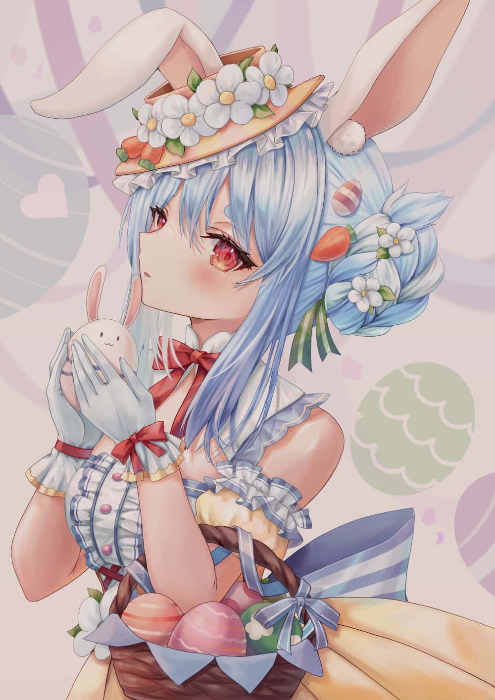 blue-haired anime girl, bunny ears, floral hat, HD Phone Wallpaper