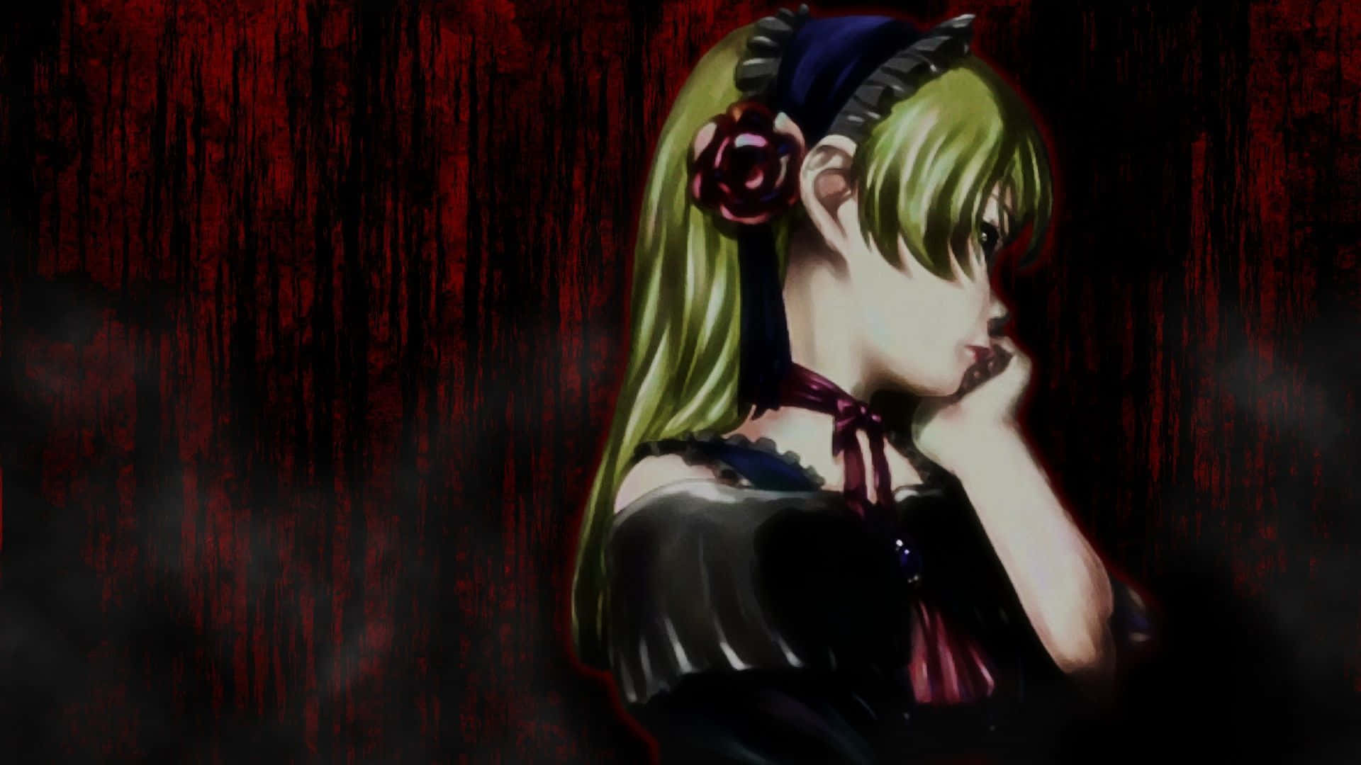 green-haired anime girl, red rose in her hair, dark red dripping background, Full HD Desktop Wallpaper