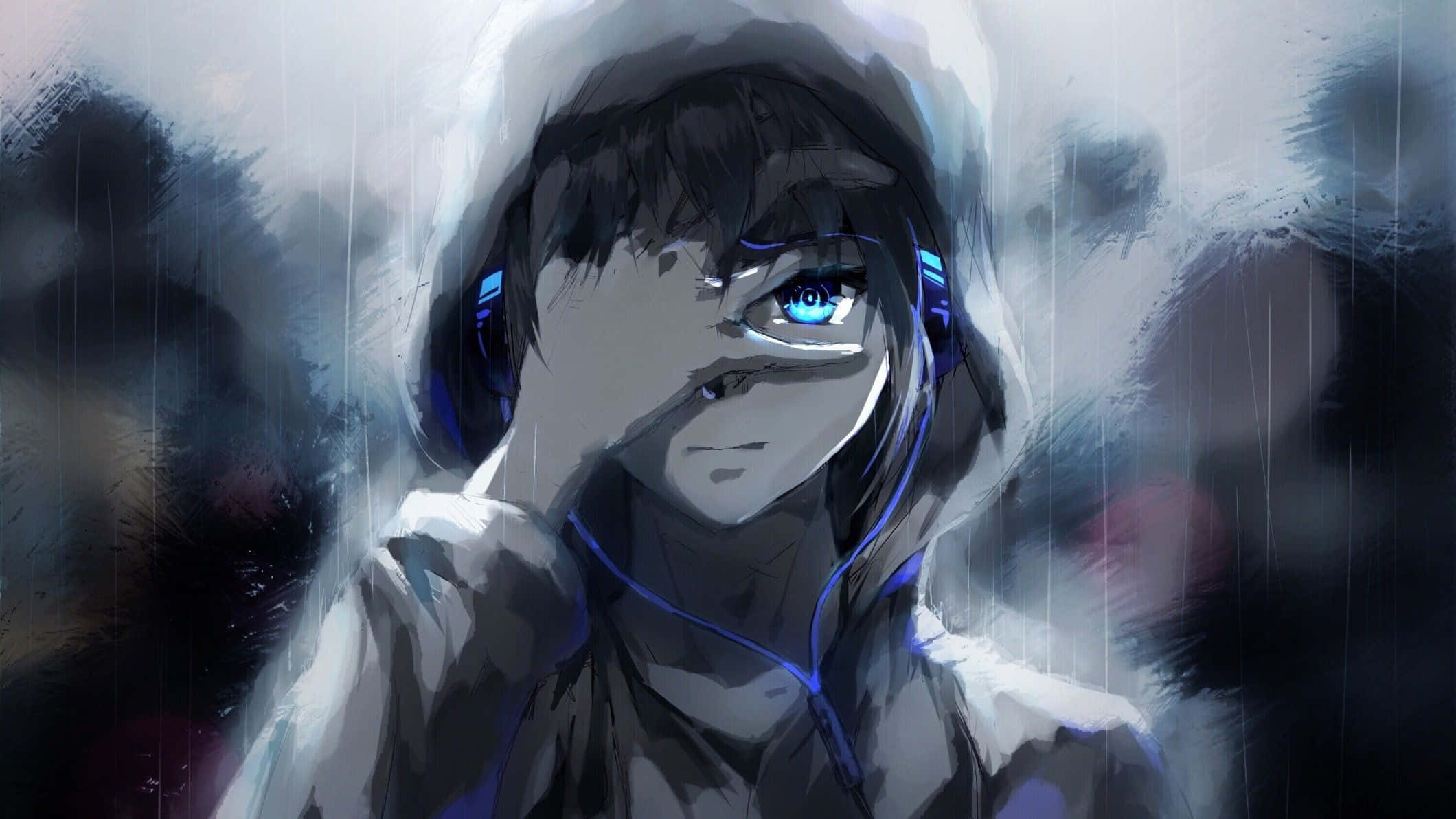 Bad Boy Anime Character, glowing blue eyes, headphones, Full HD Desktop Wallpaper