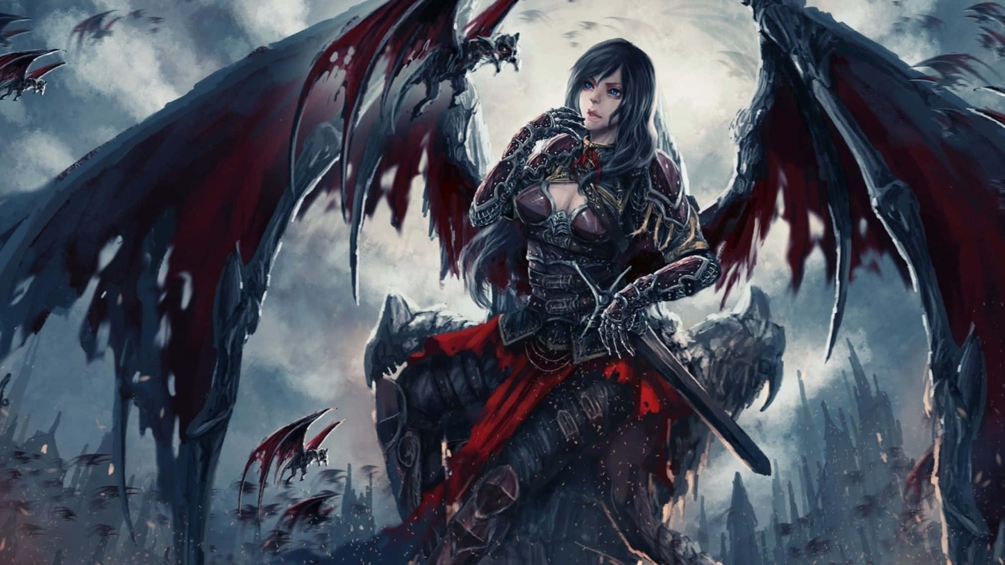 dark-winged warrior, ornate armor, sword, Full HD Desktop Wallpaper
