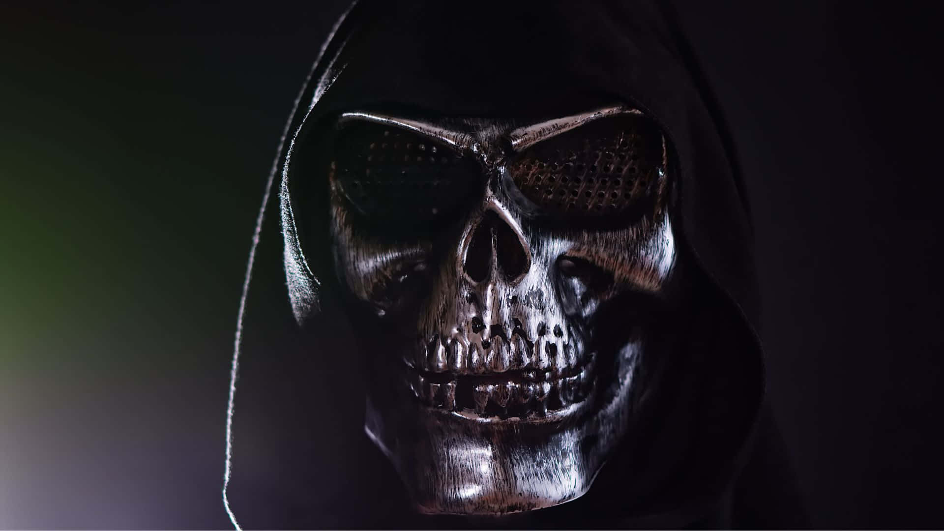 hooded skull, mesh eye coverings, dramatic lighting, Full HD Desktop Wallpaper