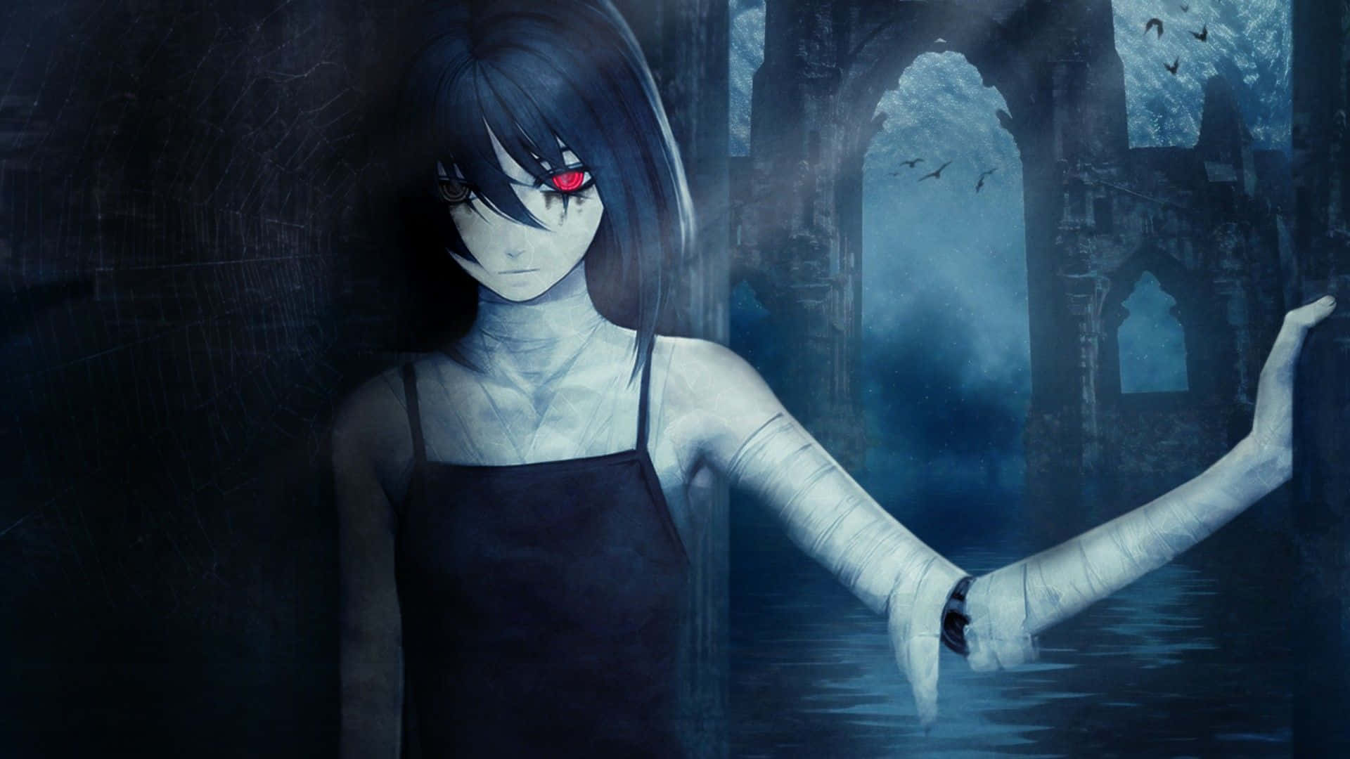 anime girl, glowing red eye, ruined cathedral, Full HD Desktop Wallpaper