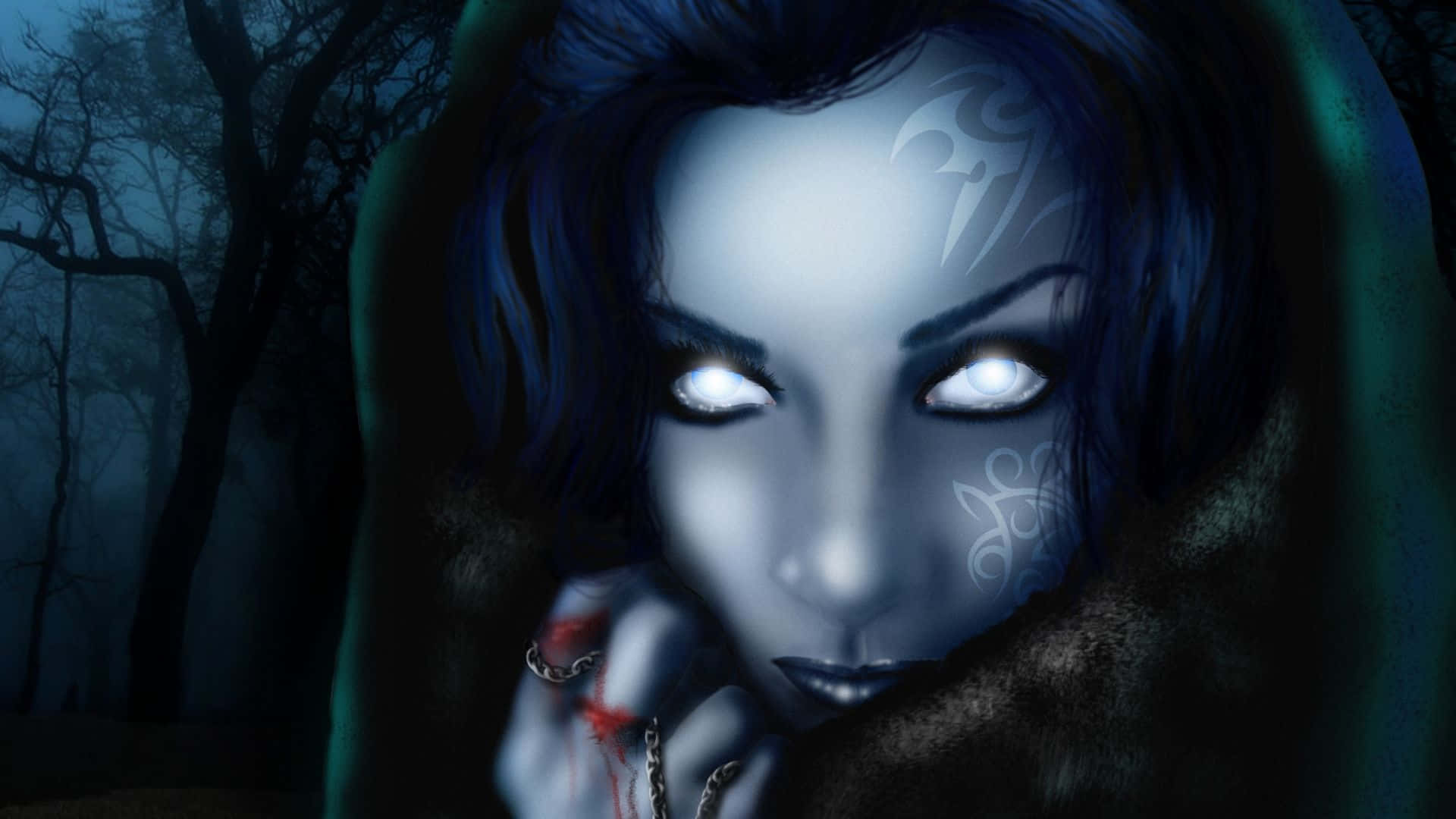 pale blue-skinned woman, glowing white eyes, tribal markings, Full HD Desktop Wallpaper