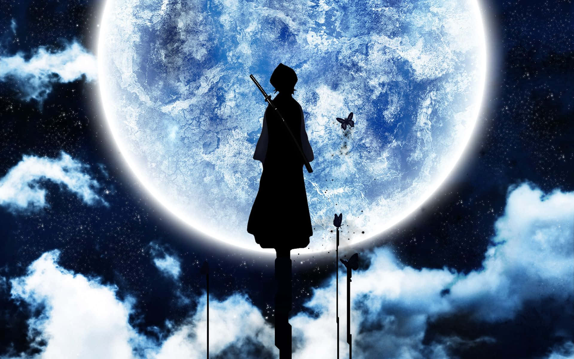 anime warrior, glowing blue moon, butterfly, Full HD Desktop Wallpaper
