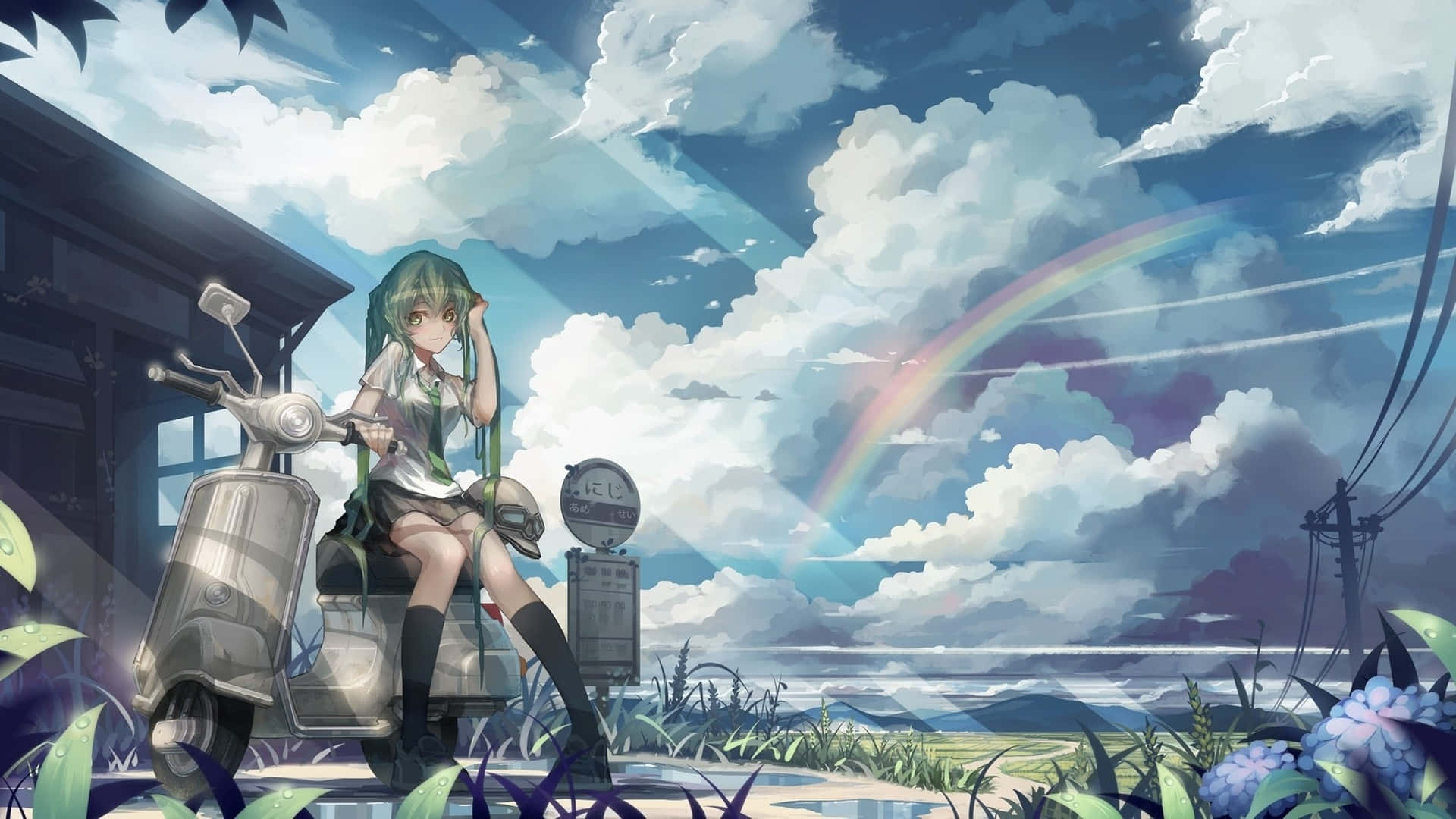 green-haired anime girl, silver scooter, vibrant sky, Full HD Desktop Wallpaper