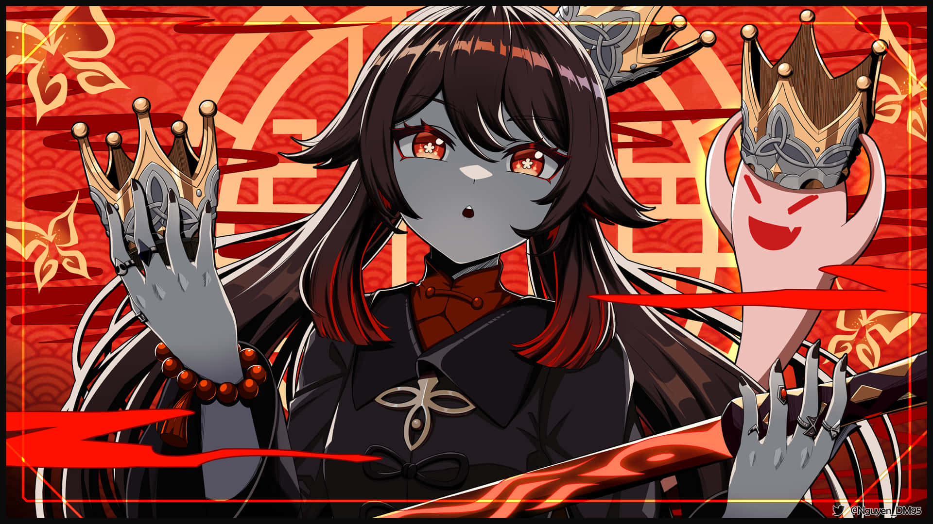 anime girl, red eyes, crowns, Full HD Desktop Wallpaper