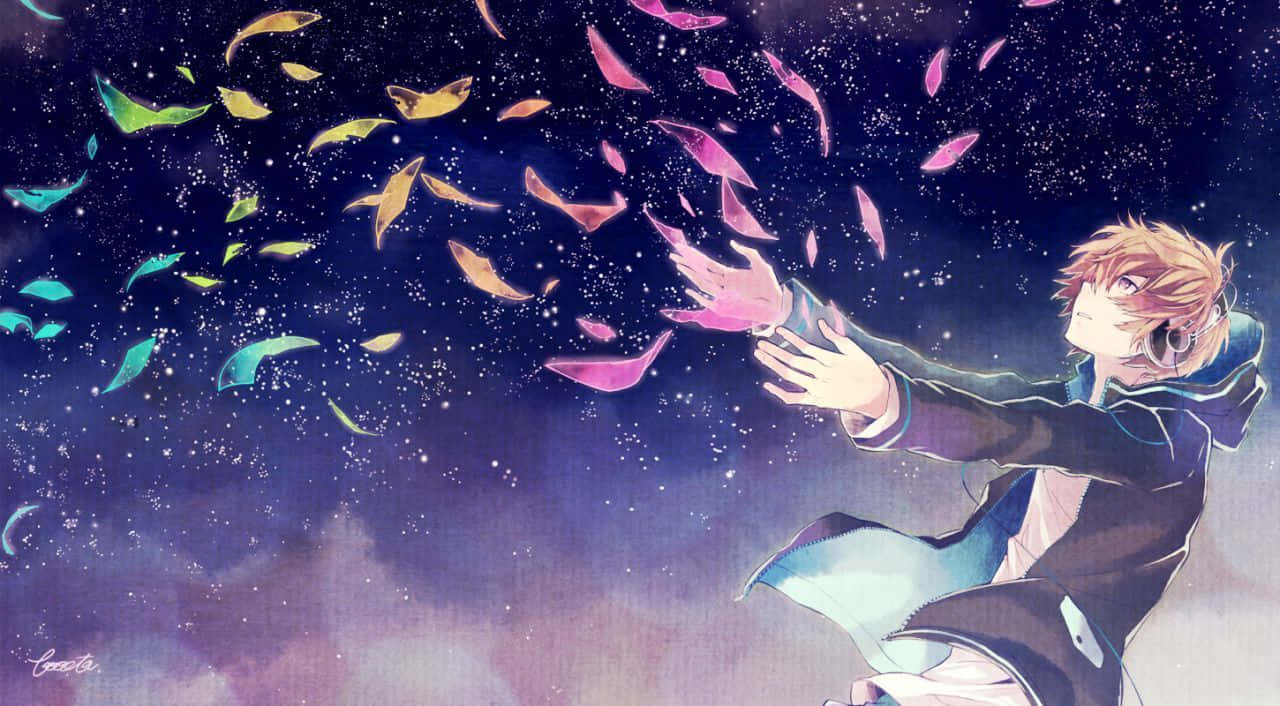 anime boy, headphones, colorful glowing fish, HD Desktop Wallpaper