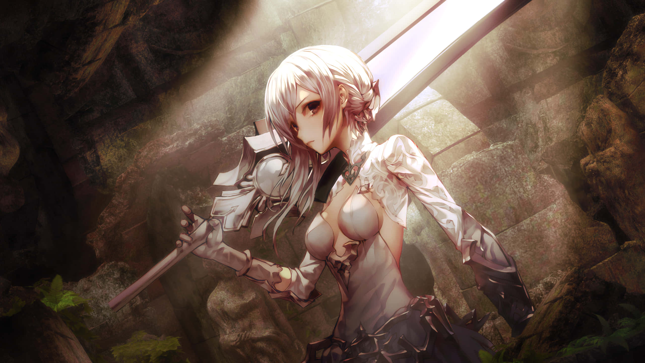 silver-haired anime warrior, sunlit ruin, sword, 2K Desktop Wallpaper