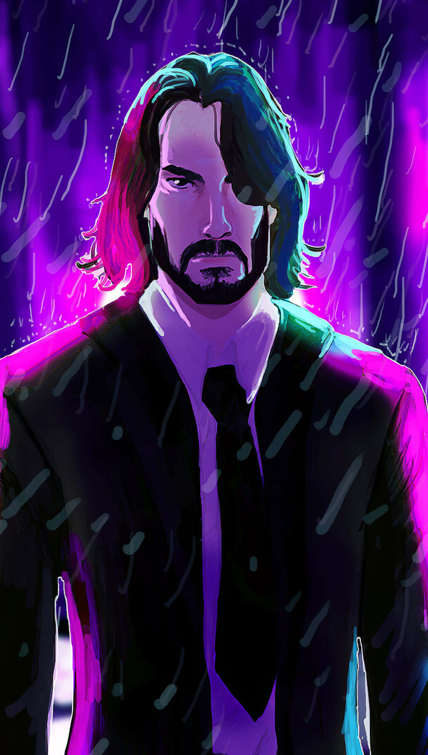 anime fanart, neon purple rain, digital portrait, Full HD Phone Wallpaper