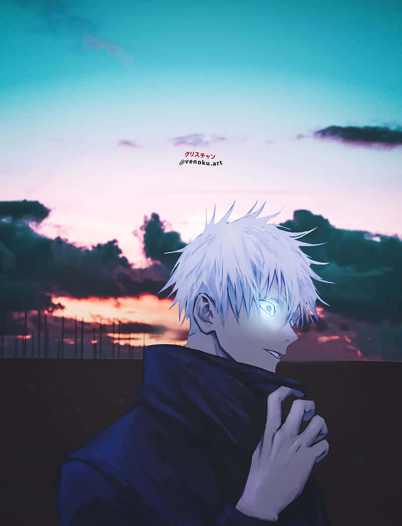 white hair, glowing eyes, vibrant sunset sky, SD Phone Wallpaper