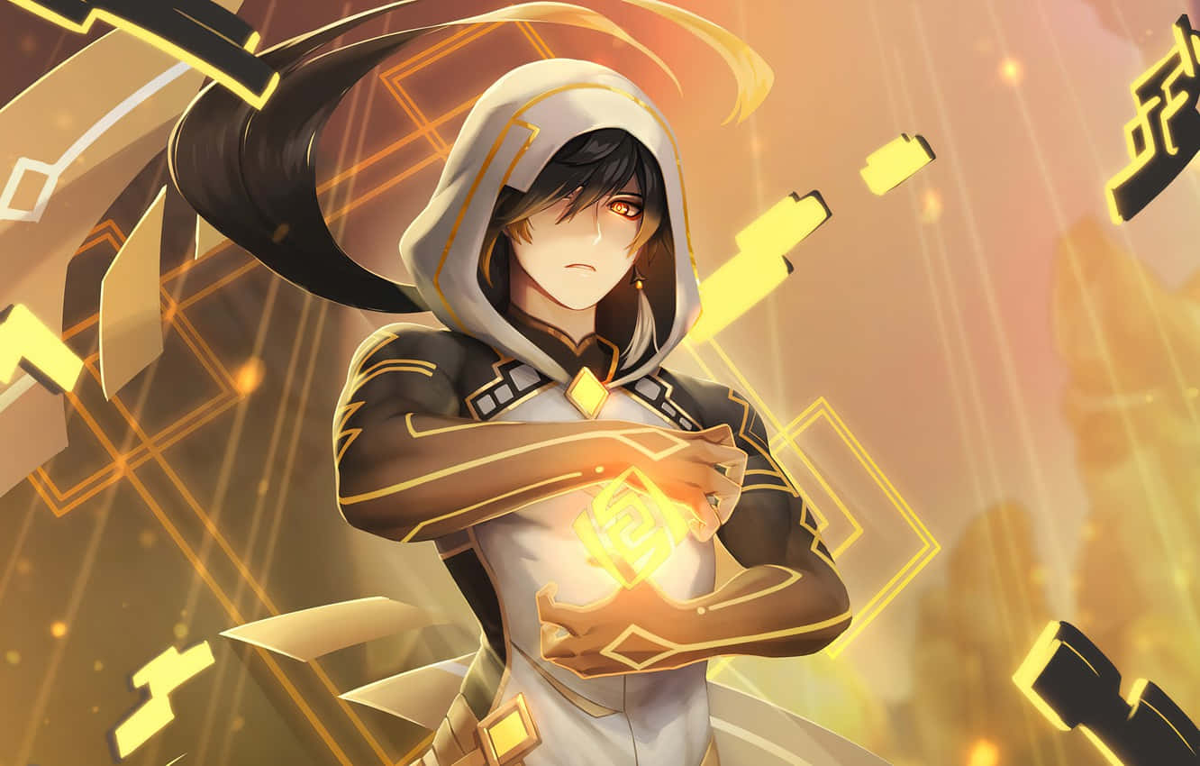Anime-Inspired Fanart, golden energy, hooded outfit, HD Desktop Wallpaper