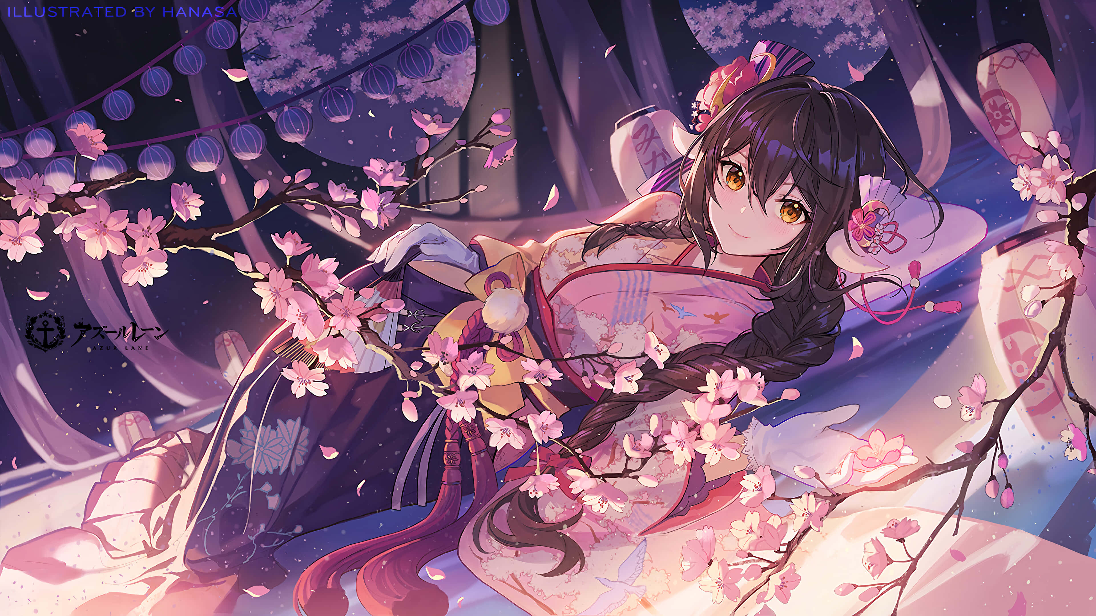 anime girl, pink kimono, cherry blossoms, 4K Desktop Wallpaper