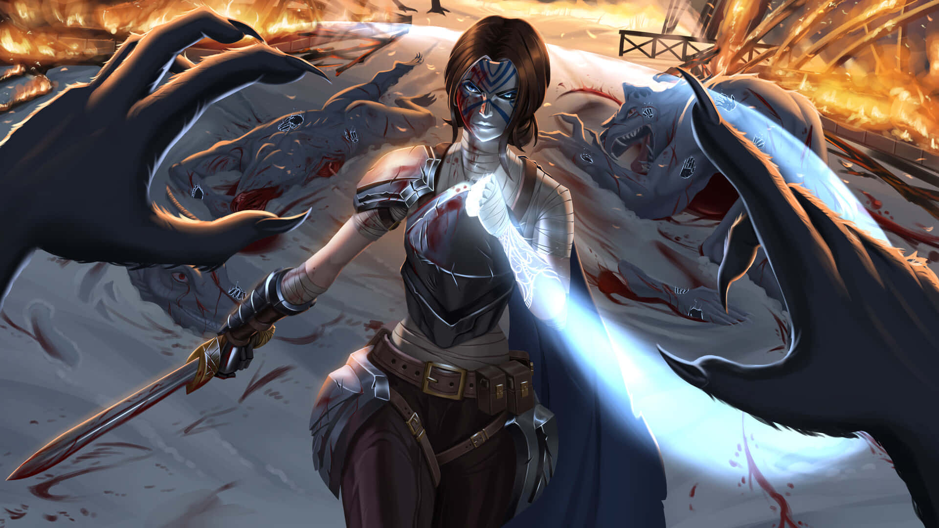 warrior woman, glowing eyes, sword, Full HD Desktop Wallpaper