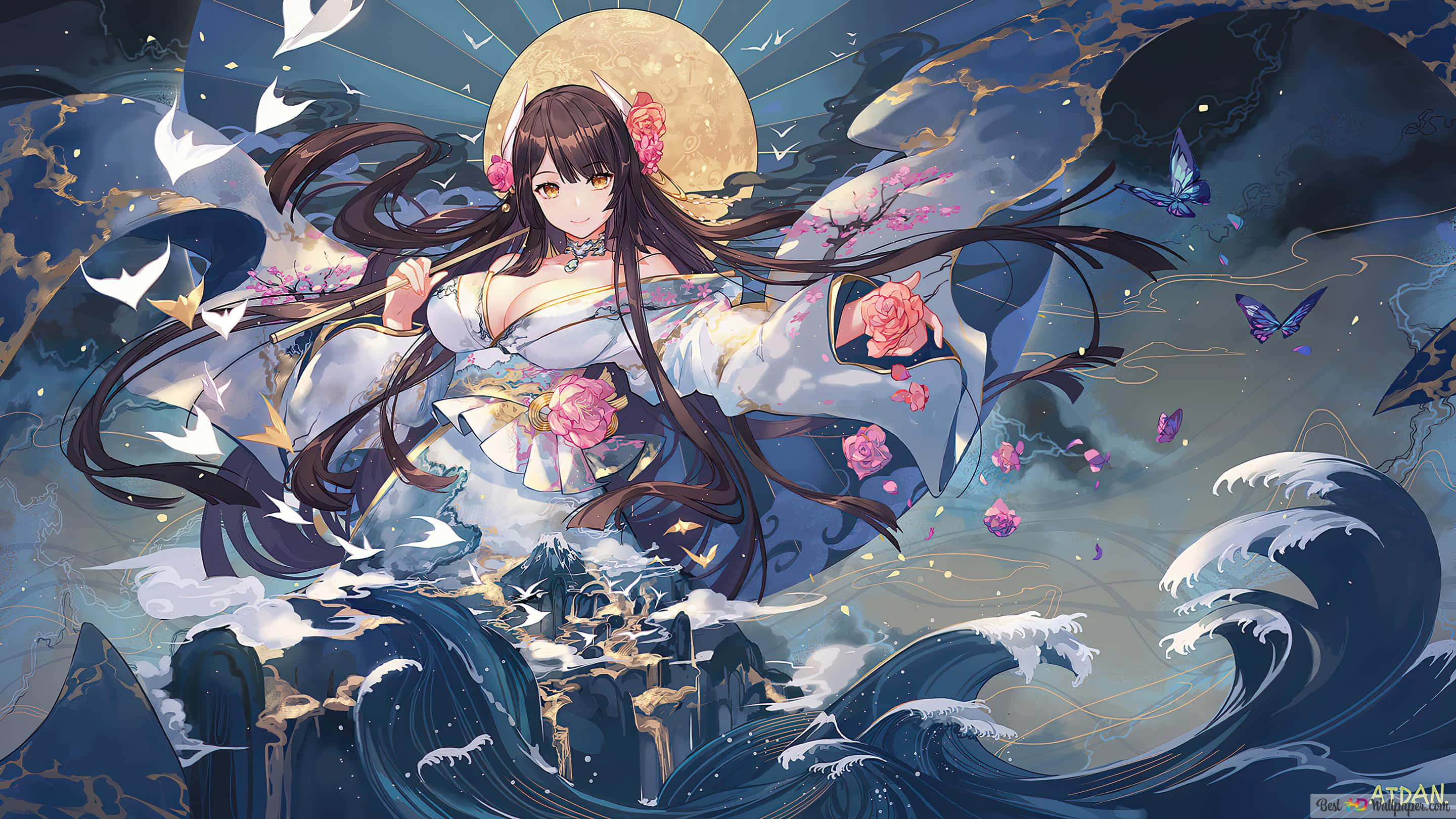 anime girl, floral kimono, crashing waves, 2K Desktop Wallpaper