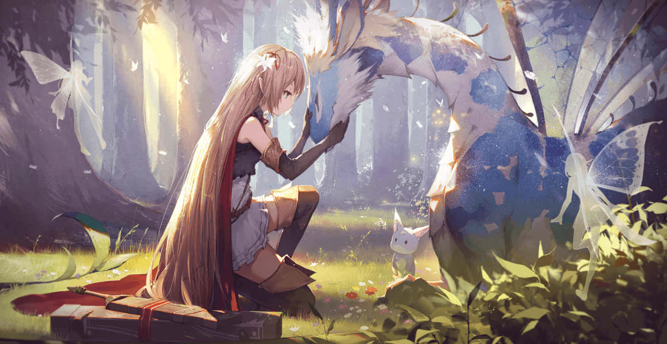 young anime girl, sunlit forest, large blue dragon, HD Desktop Wallpaper