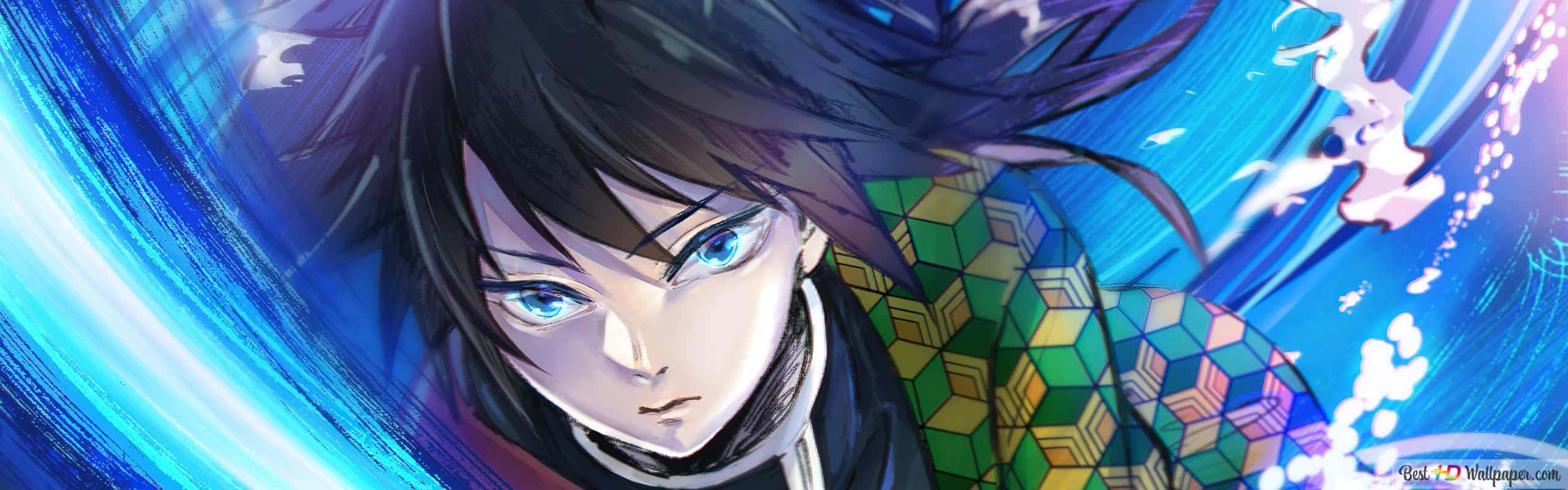 Anime character, blue eyes, dark hair, 2K Desktop Wallpaper