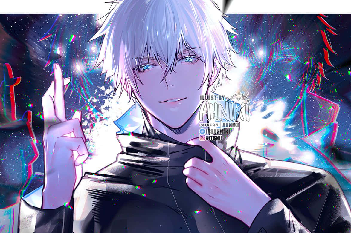 silver-haired anime boy, black jacket, peace sign, SD Desktop Wallpaper