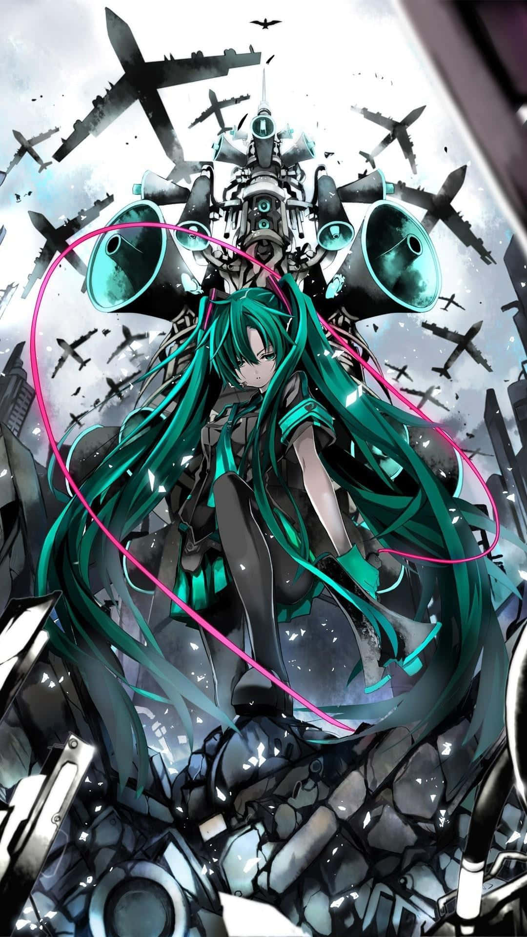 teal-haired anime girl, glowing eyes, rubble, Full HD Phone Wallpaper