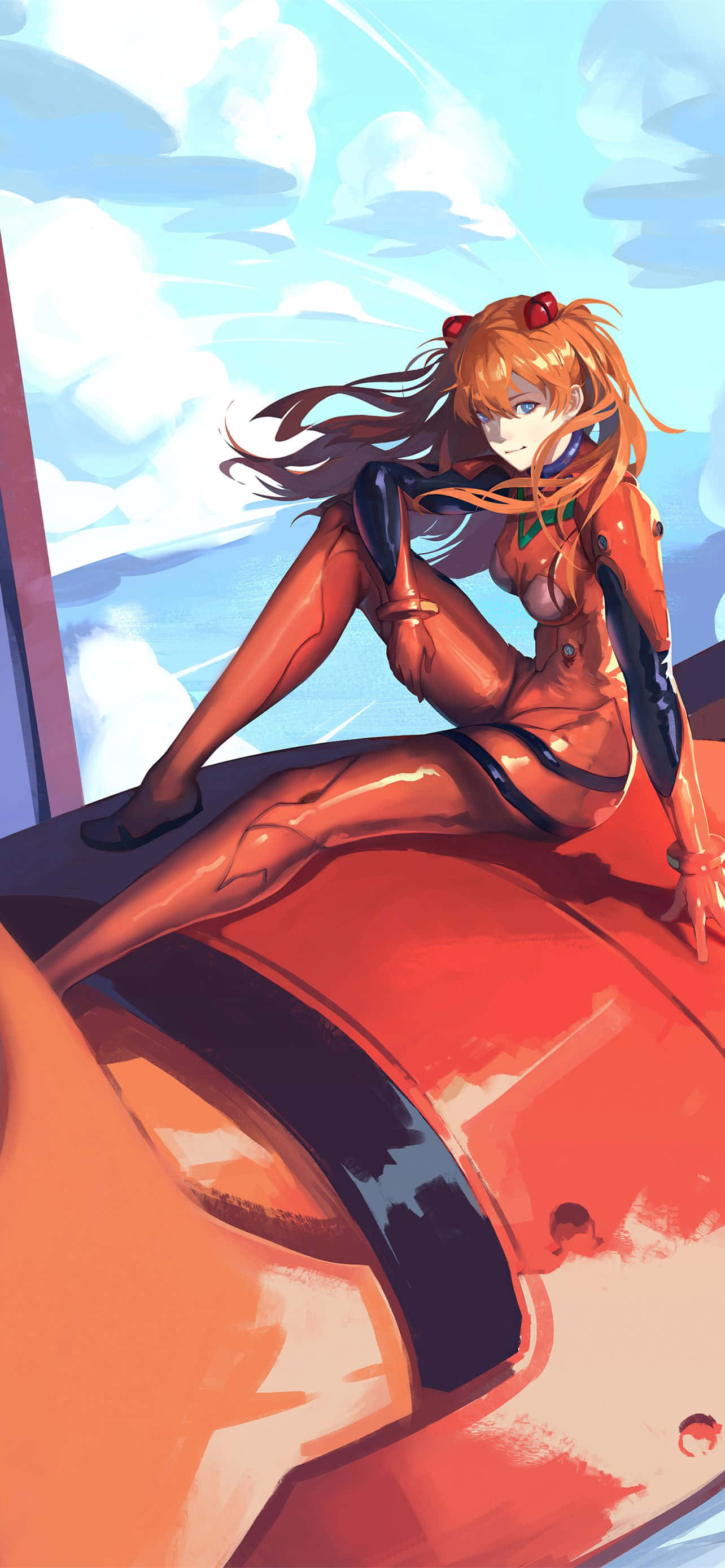 anime girl, orange hair, red mech, 2K Phone Wallpaper