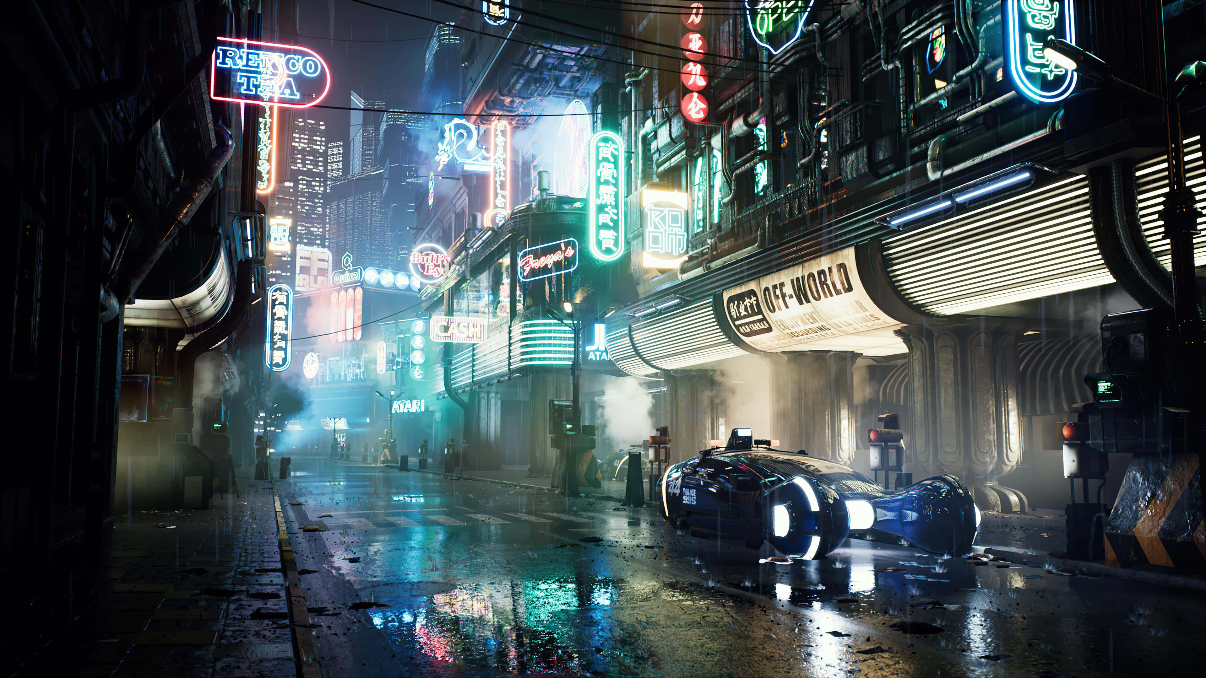 neon-lit cyberpunk alley, futuristic car, wet pavement, 4K Desktop Wallpaper