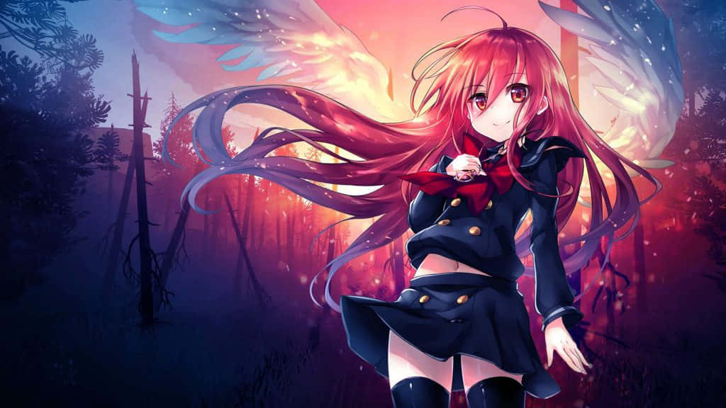 red-haired anime girl, glowing wings, mystical forest, SD Desktop Wallpaper