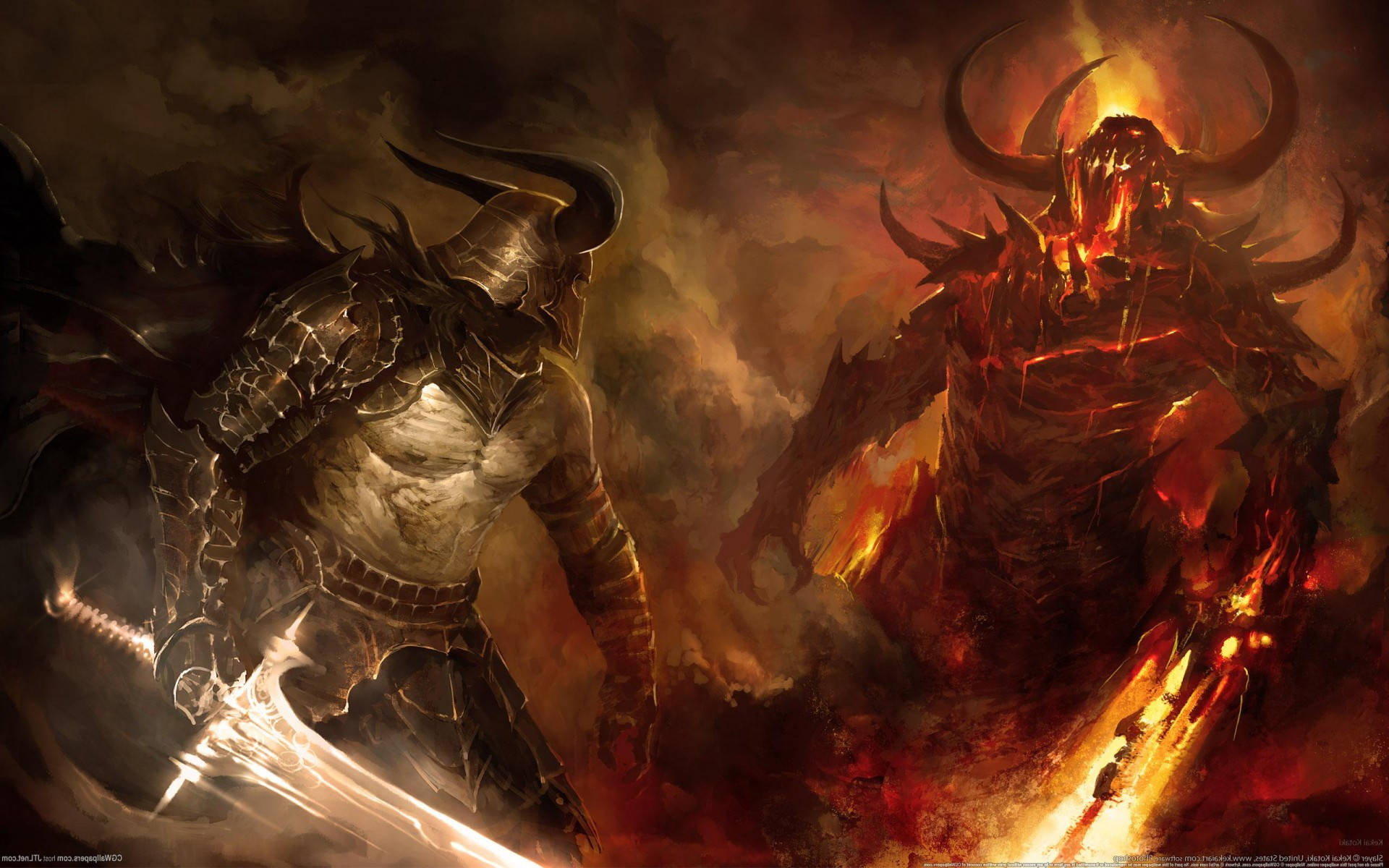 Anime Fight, knight, demon, Full HD Desktop Wallpaper