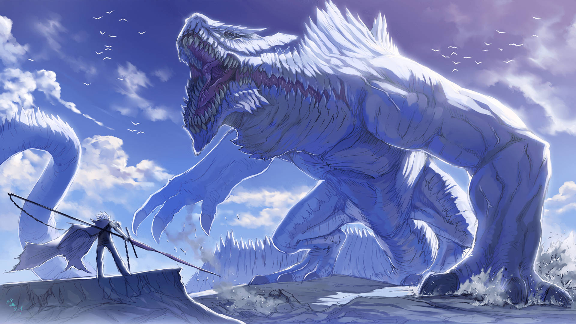 Anime Fight, swordsman, ice dragon, Full HD Desktop Wallpaper