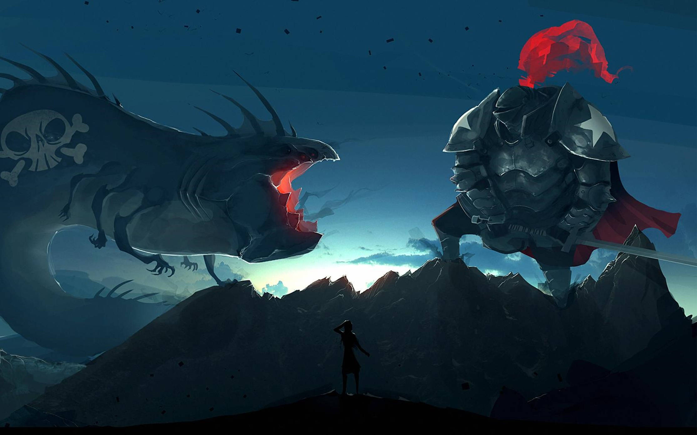 lo fi anime fighting soldier and dragon, giant armored knight, monstrous pirate dragon, Full HD Desktop Wallpaper