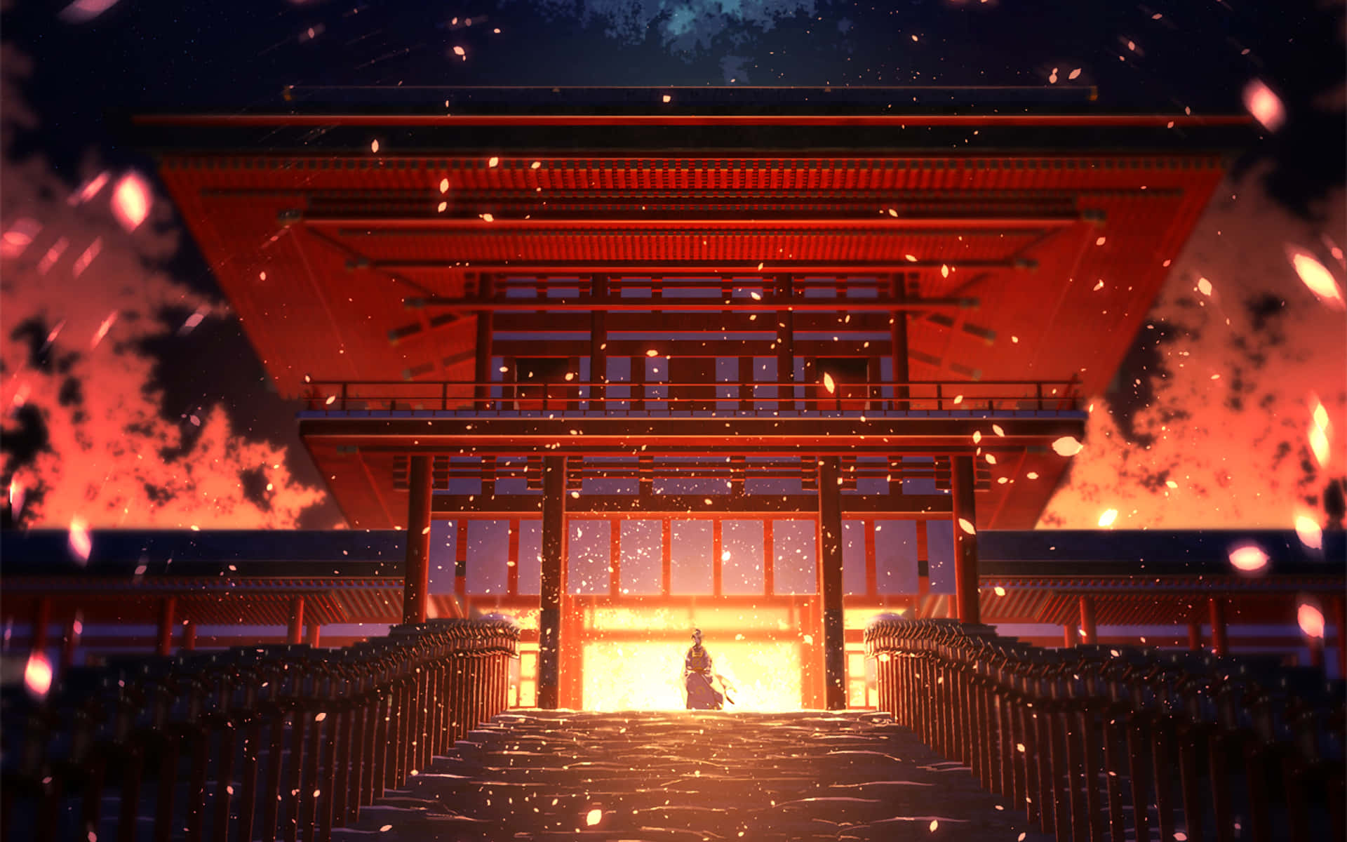 samurai, glowing red temple, cherry blossoms, Full HD Desktop Wallpaper