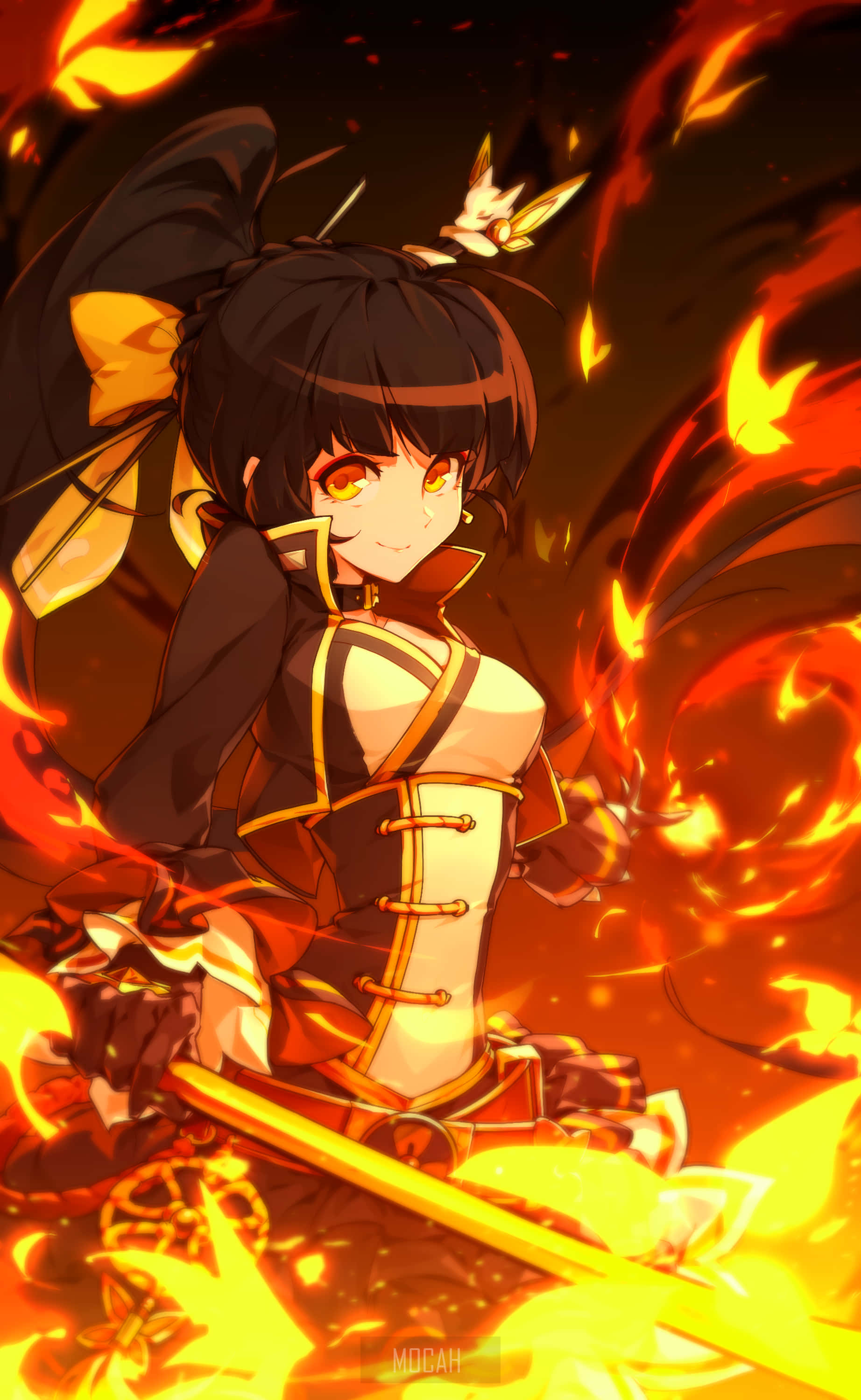 Anime Girl, Sword, Fire, 2K Phone Wallpaper