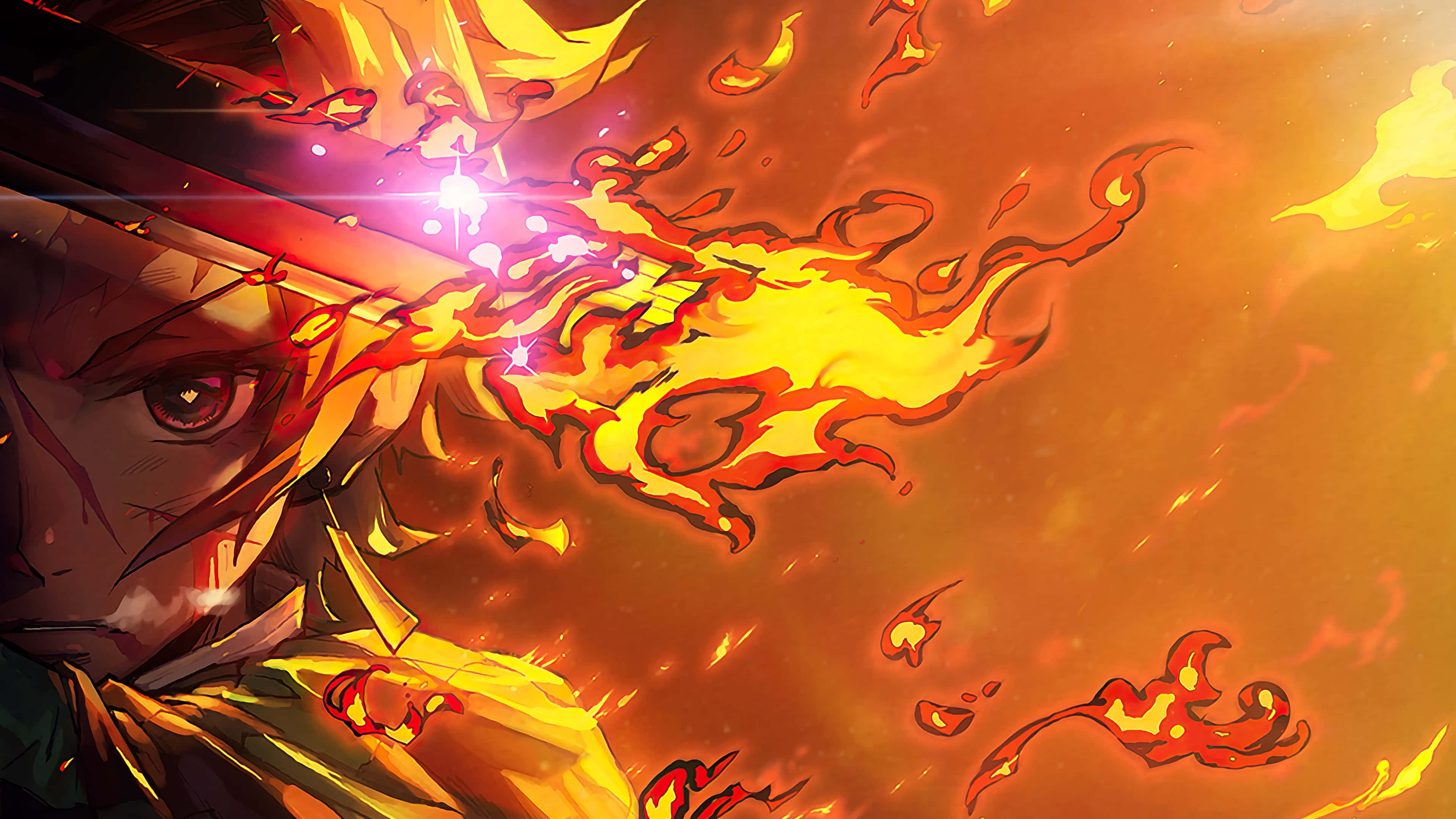 Anime Fire, fiery anime character, blazing energy blast, 4K Desktop Wallpaper